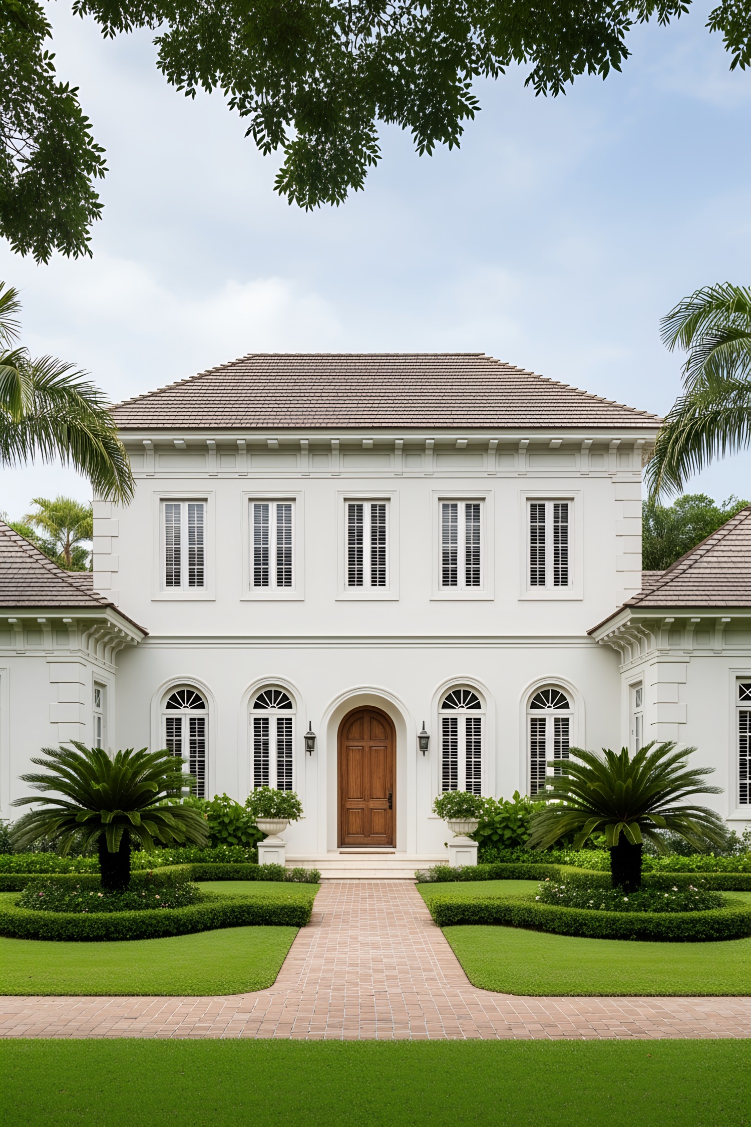 Colonial house with garden and palm trees