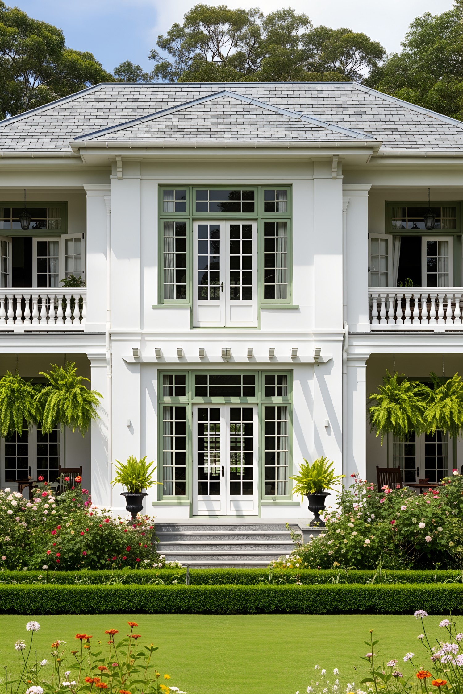 Tropical colonial house with green accents and blooming garden