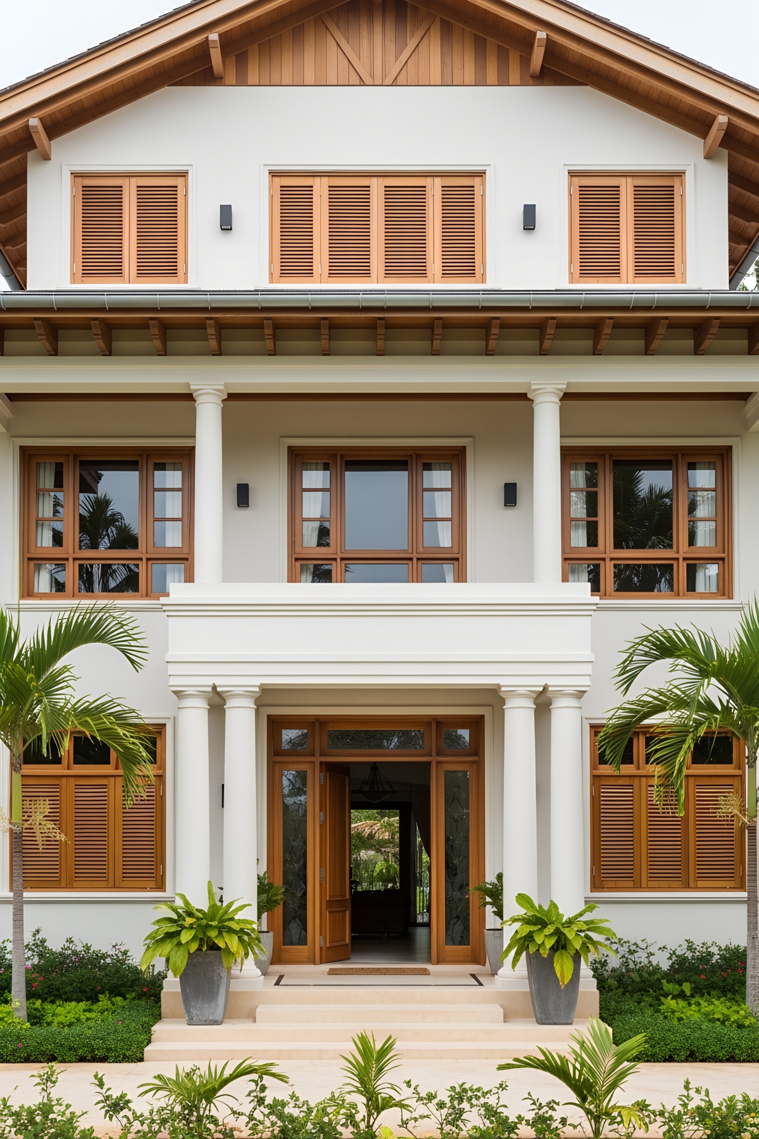 Classic colonial house with tropical landscaping