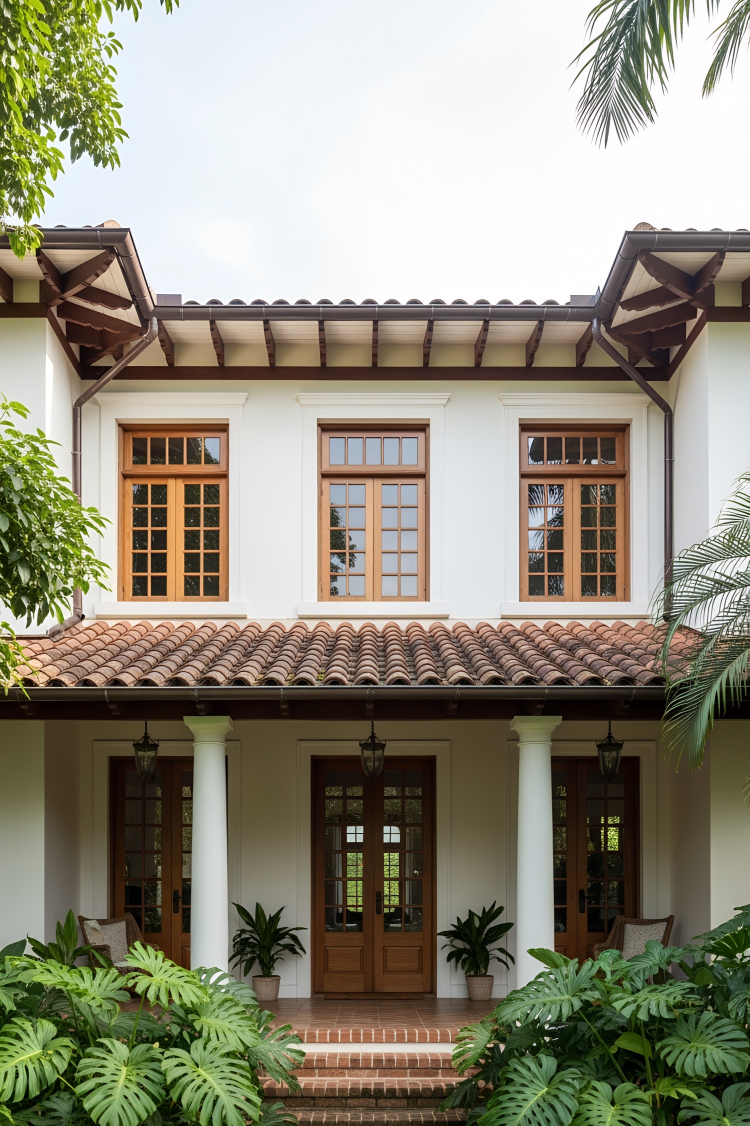 Colonial-style house with lush greenery and classic columns