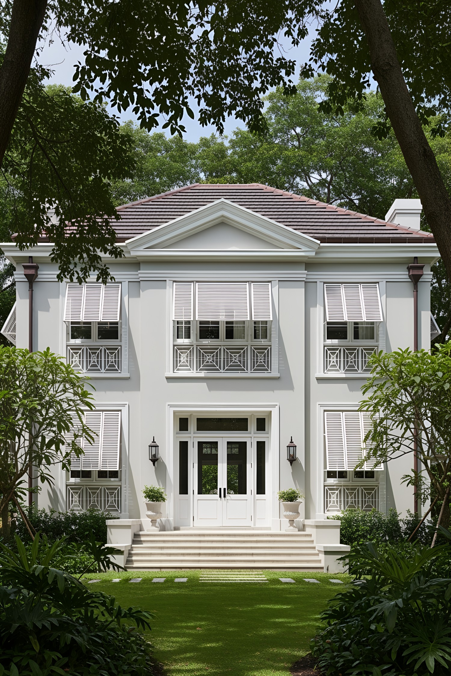 White colonial house with lush greenery