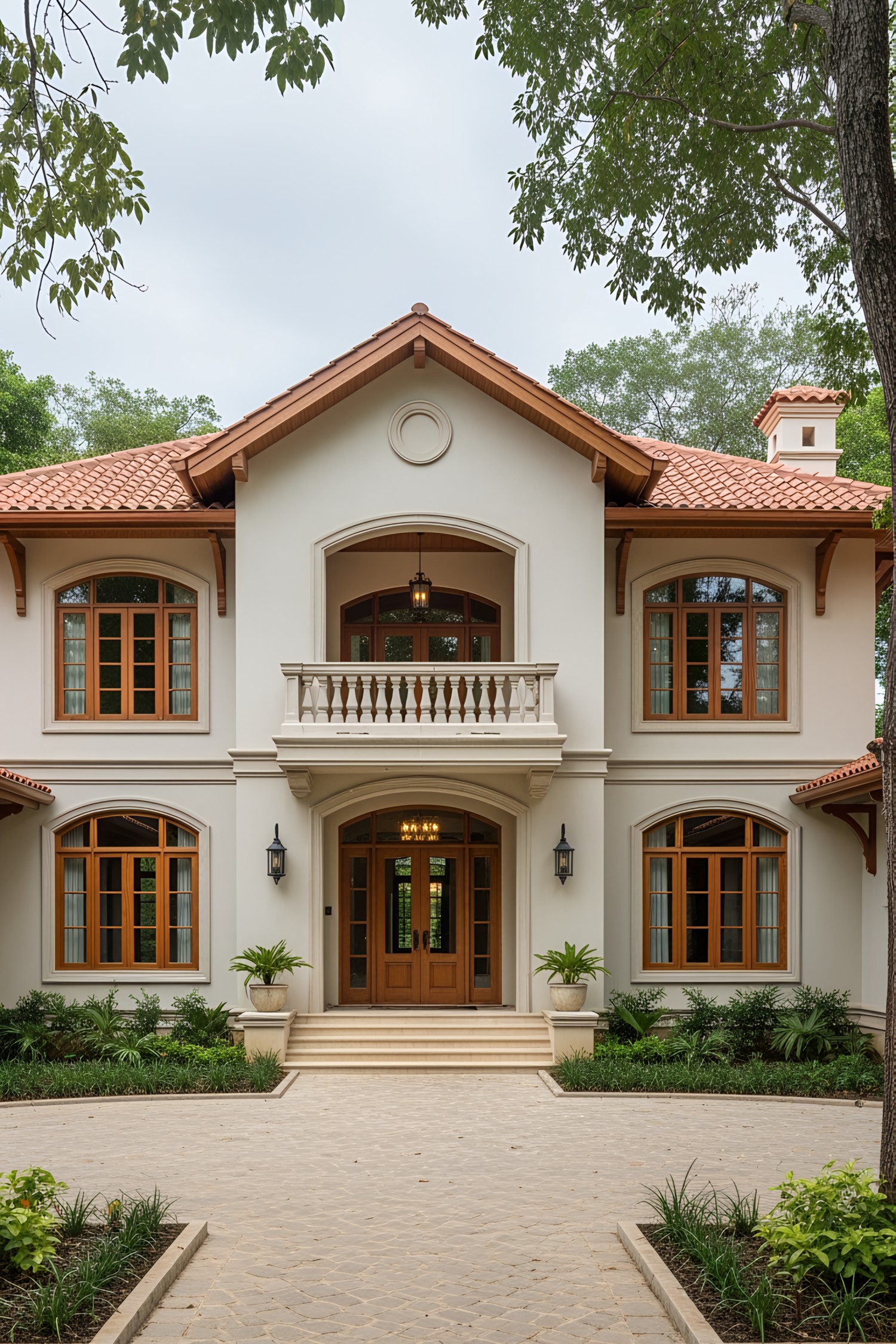 Grand colonial house with terracotta roof and lush surroundings