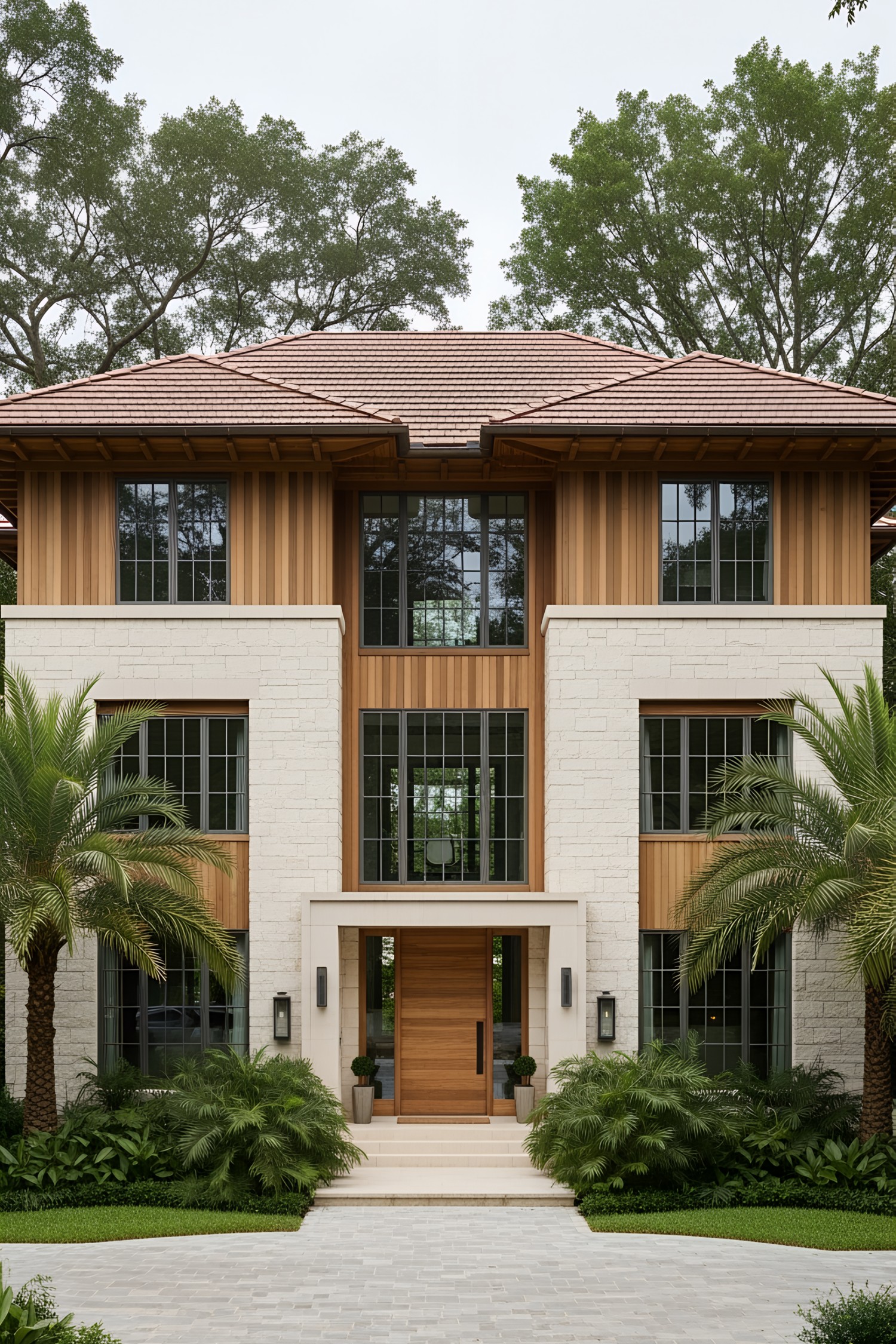 Colonial-style house with palms and large windows