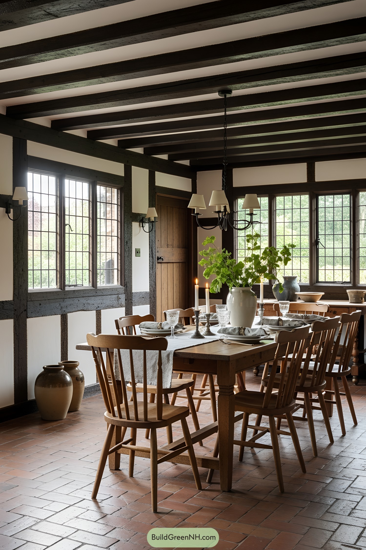 Rustic dining room with wood beams and leaded windows