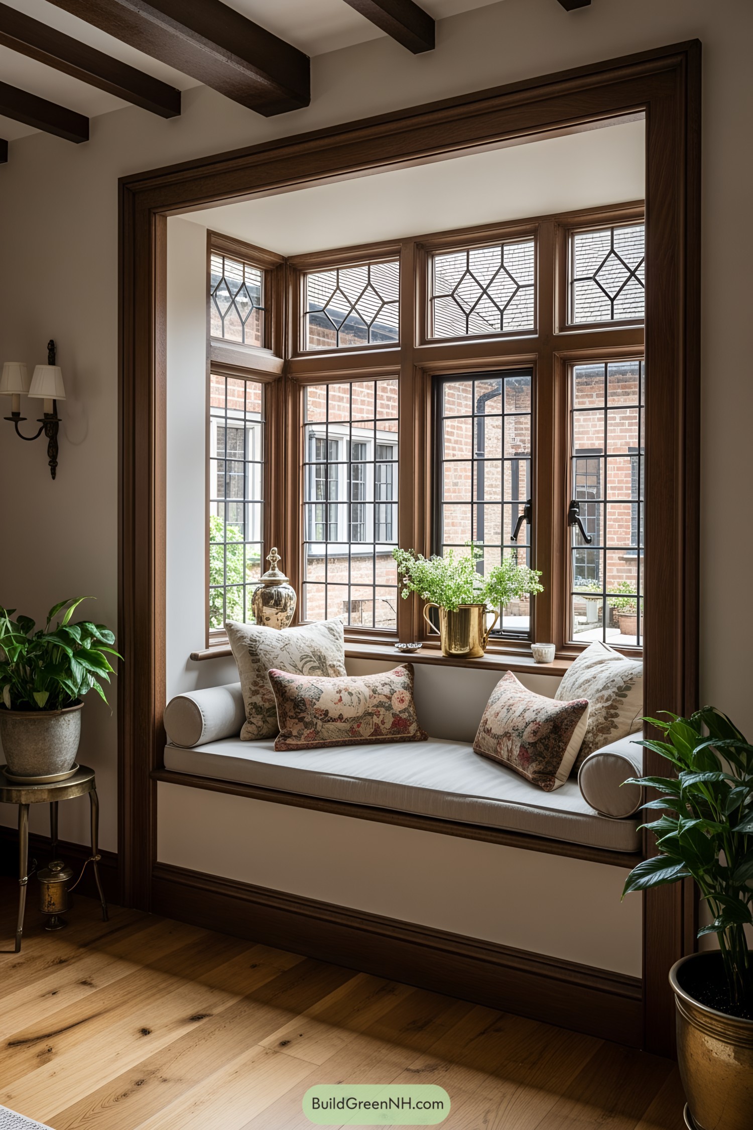 Tudor-style bay window with cushioned bench and plants