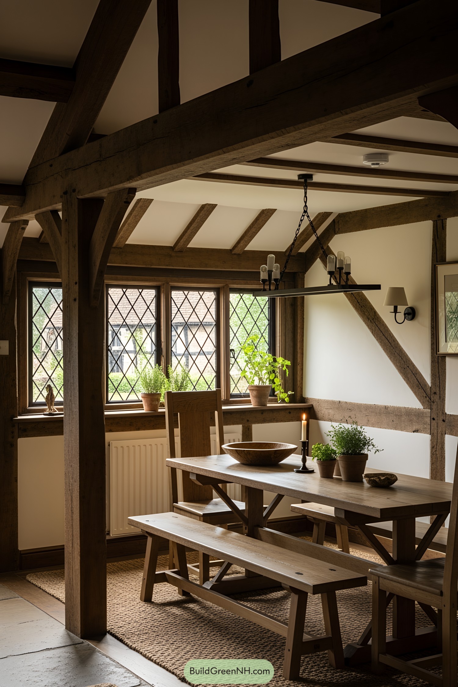 Tudor cottage dining room with wooden beams and window plants