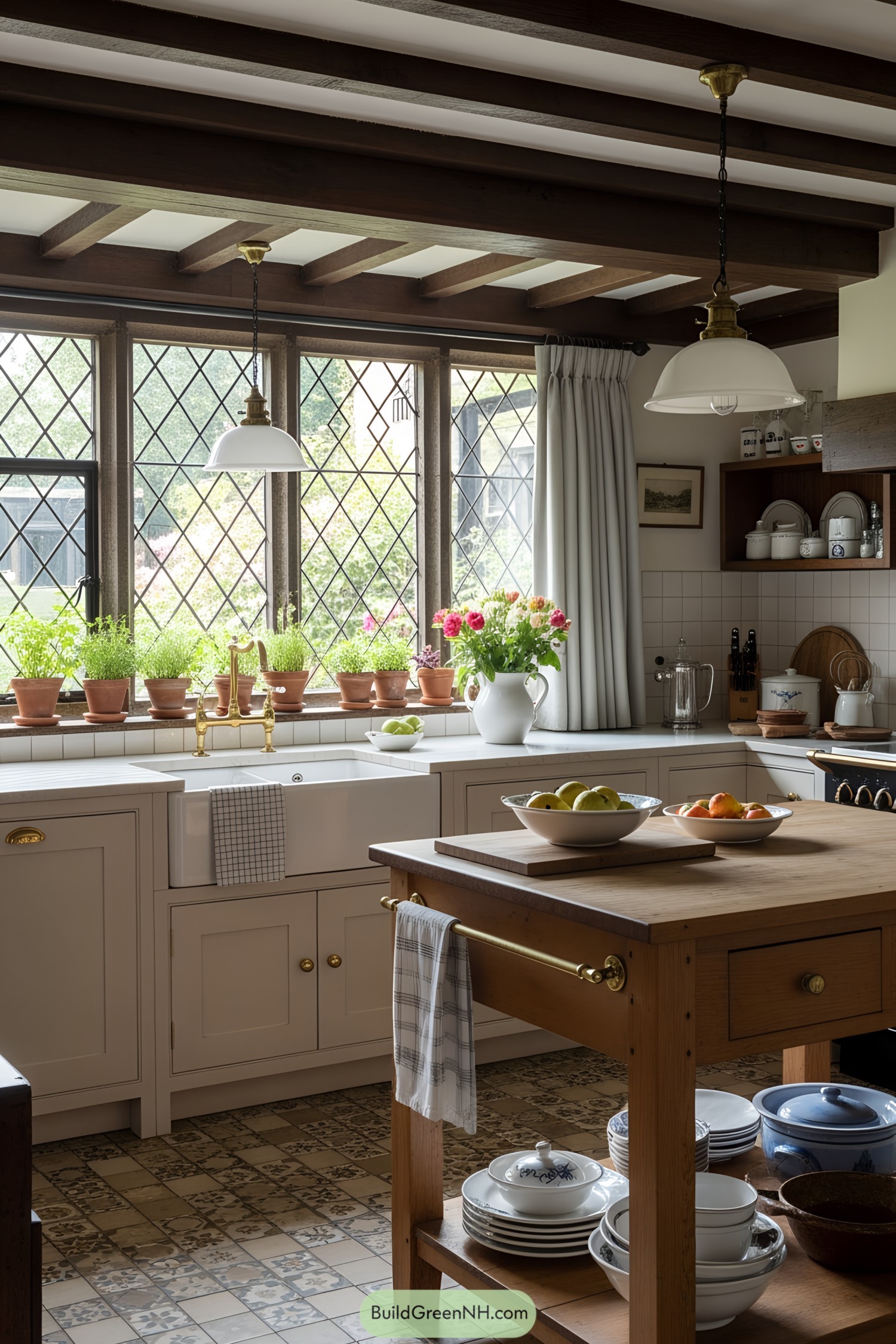 Cozy kitchen with rustic beams and large leaded windows