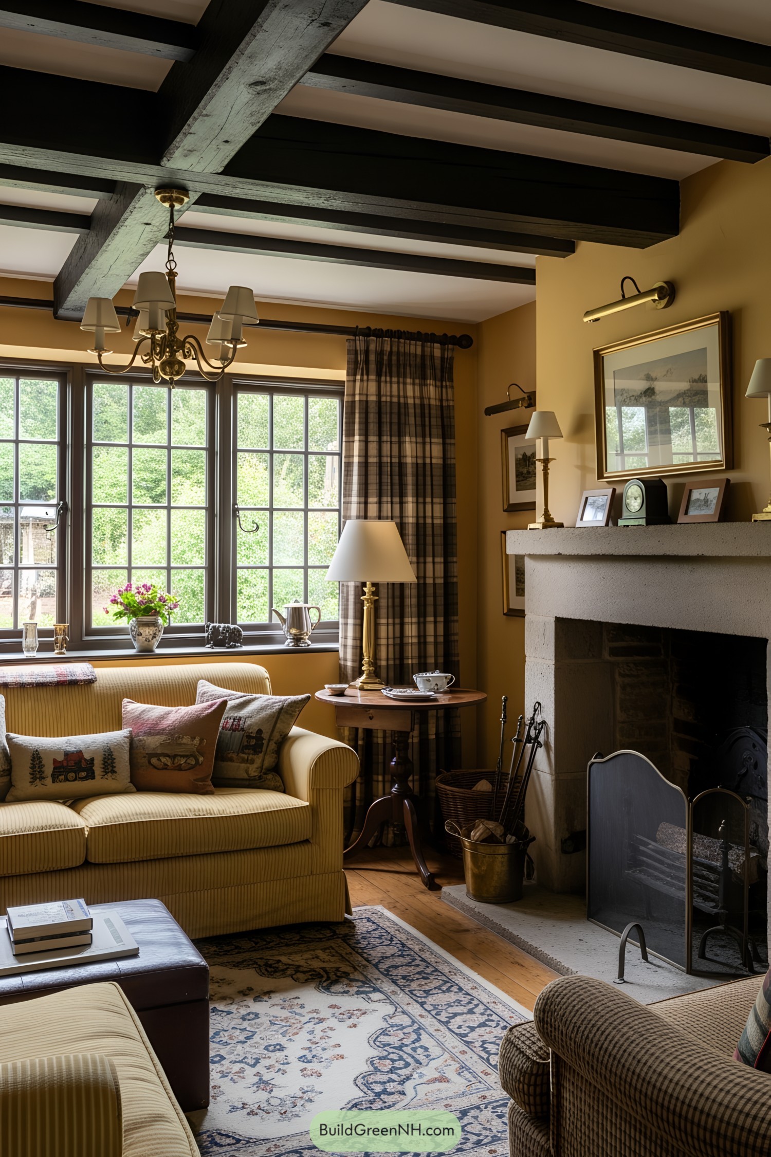 Cozy Tudor living room with fireplace and patterned pillows