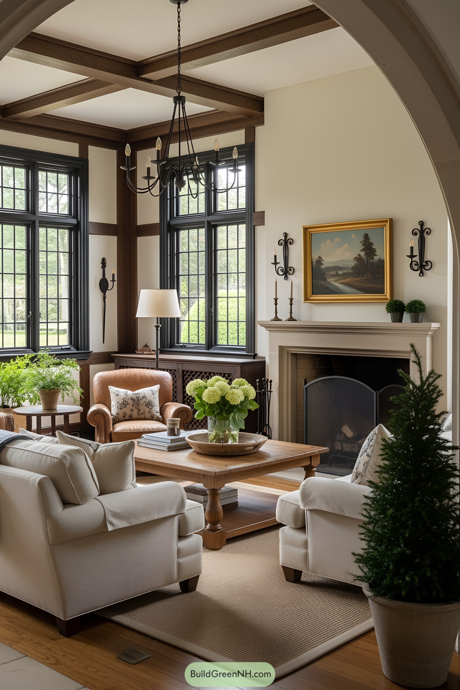 Tudor-style living room with elegant fireplace and cozy seating