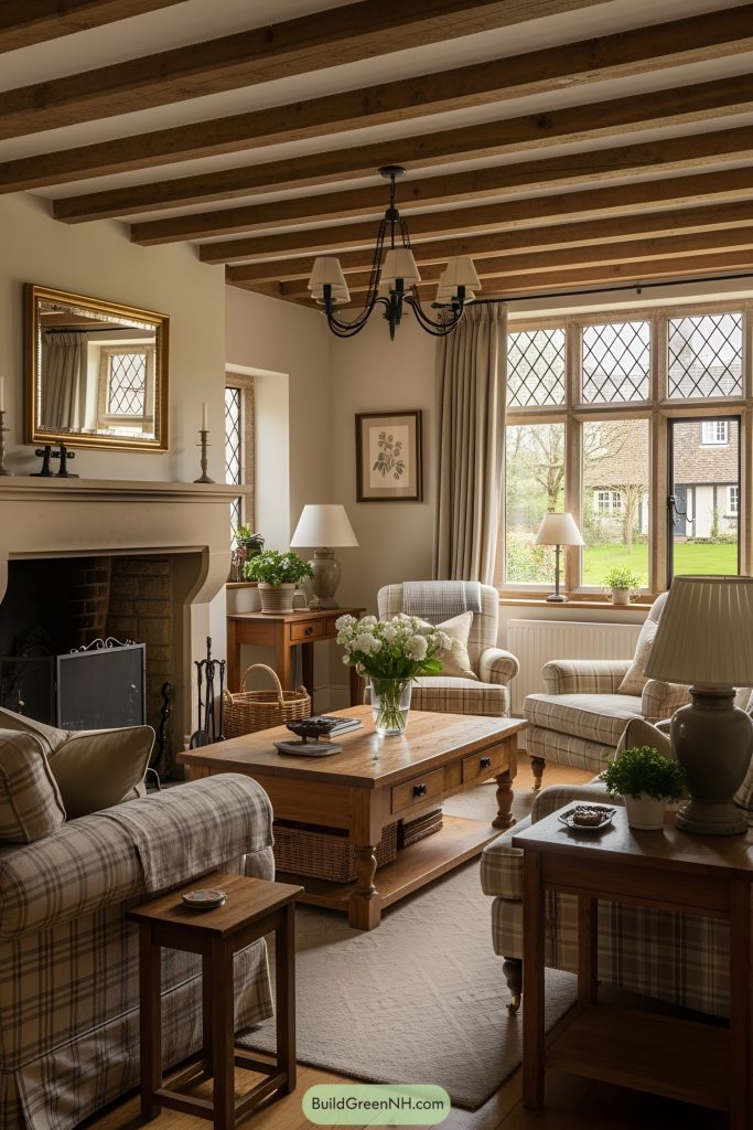 Tudor cottage living room with an inviting, rustic aesthetic embraces classic English charm through a warm, earthy color palette of creams, browns, and muted greens. Architectural details include exposed wooden beams across the ceiling, a grand stone fireplace as the focal point, and diamond-pane leaded glass windows that flood the space with natural light. Walls are typically painted in soft neutrals, complementing the honey-toned wooden floors. The room is furnished with plush, upholstered sofas and armchairs in floral or plaid patterns, complemented by solid wood coffee tables and side tables. Accessories include vintage-style lamps, woven baskets, and subtle botanical prints, while potted leafy plants add a touch of freshness. Outside the window, there is a bucolic view of a cottage garden, enhancing the tranquil, storybook atmosphere.