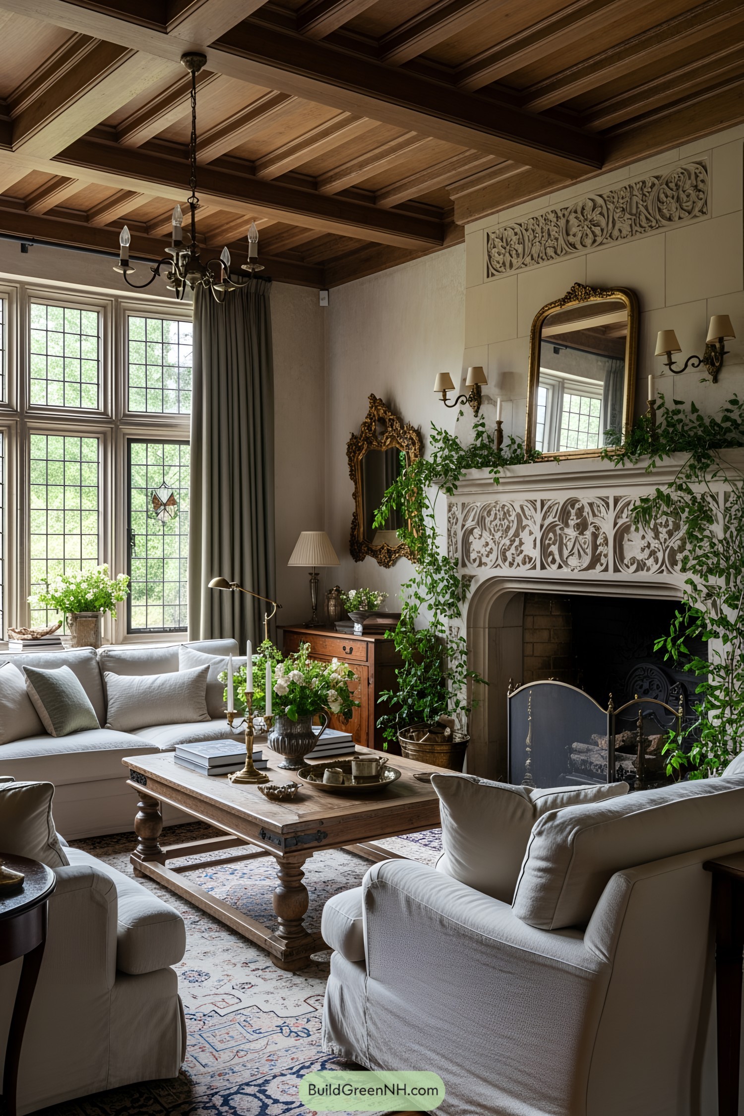 Classic Tudor sitting room with wooden beams and fireplace