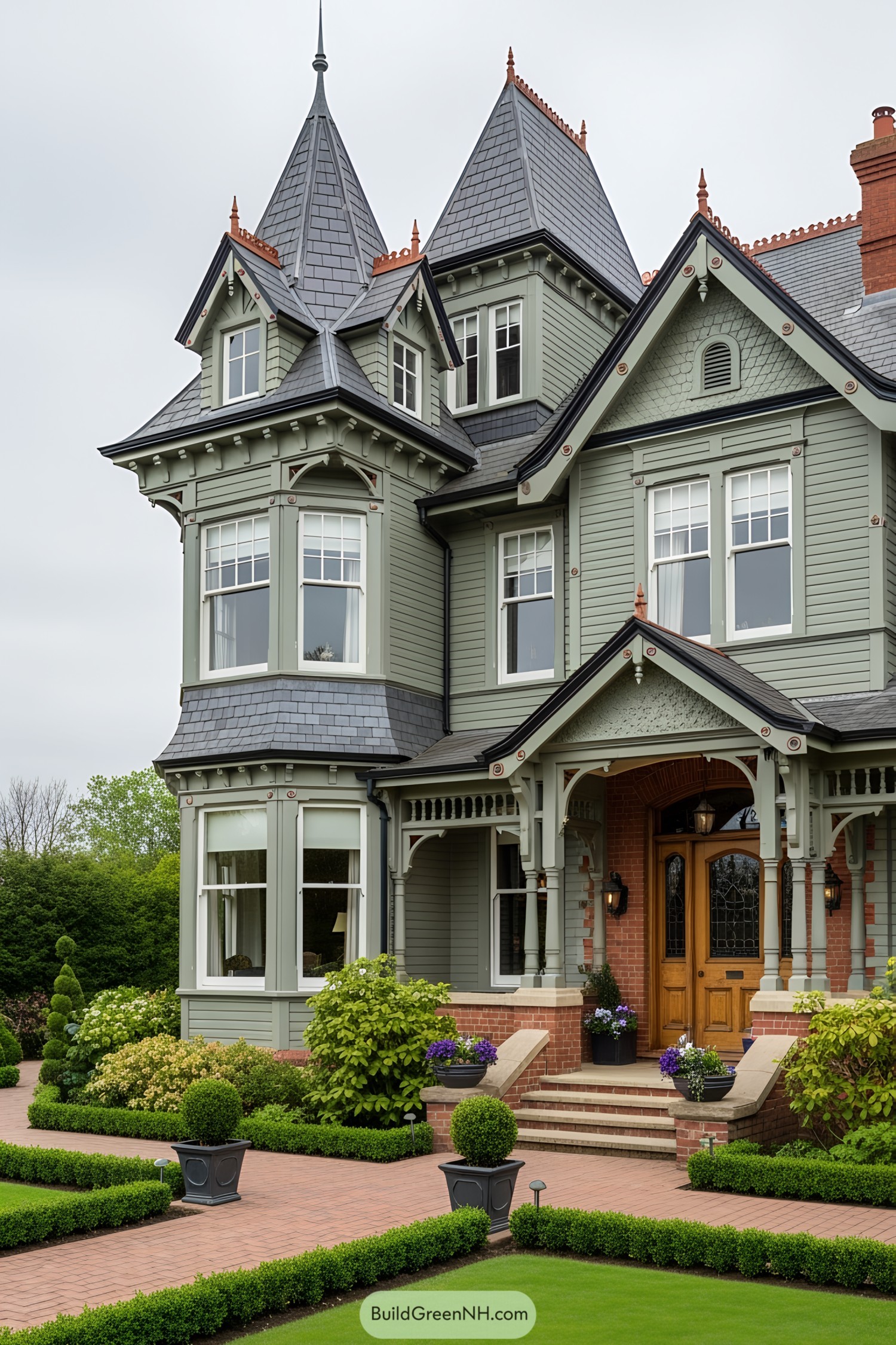 Victorian-style house with turrets and intricate woodwork