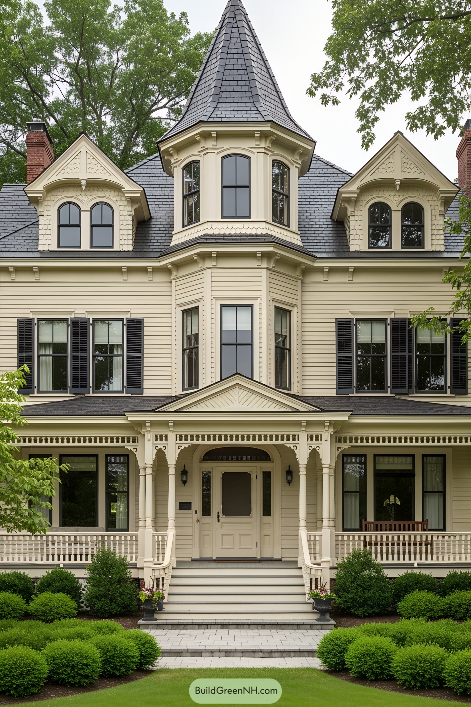 Victorian house with tower, large porch, and decorative gables