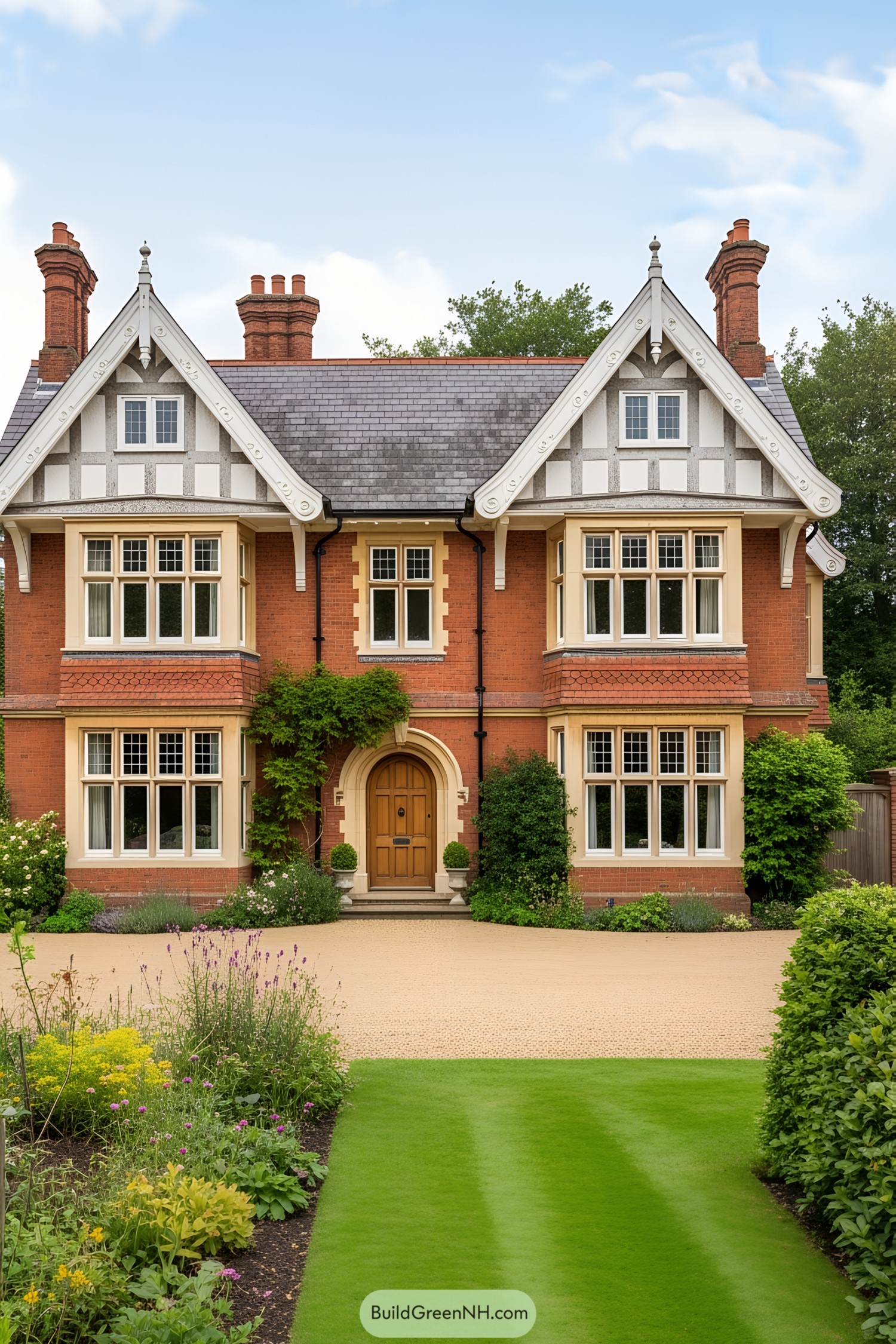 Victorian country house with red brick exterior and lush gardens