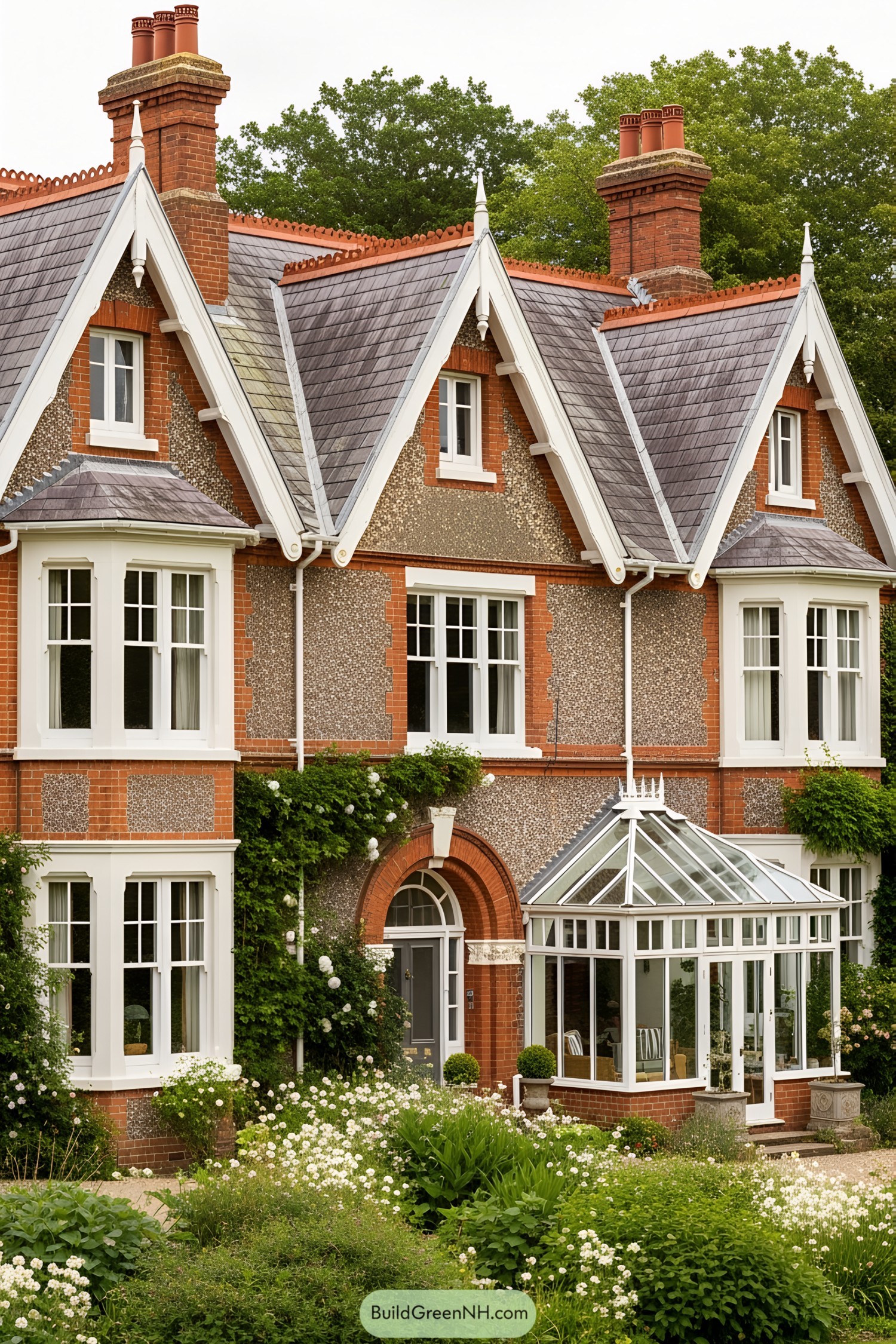 Victorian house with gabled roof and glass conservatory