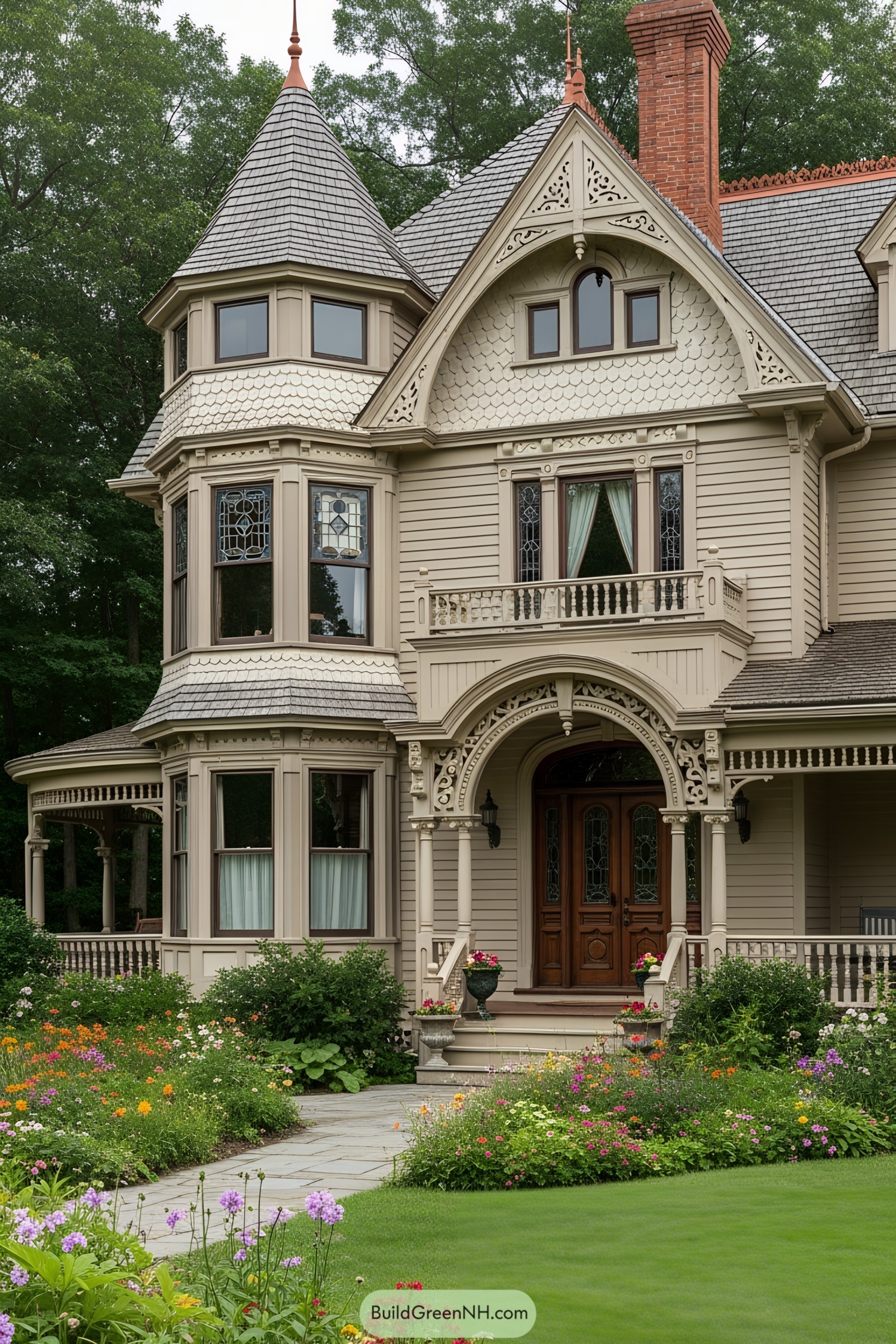 Ornate Victorian house with turret and garden