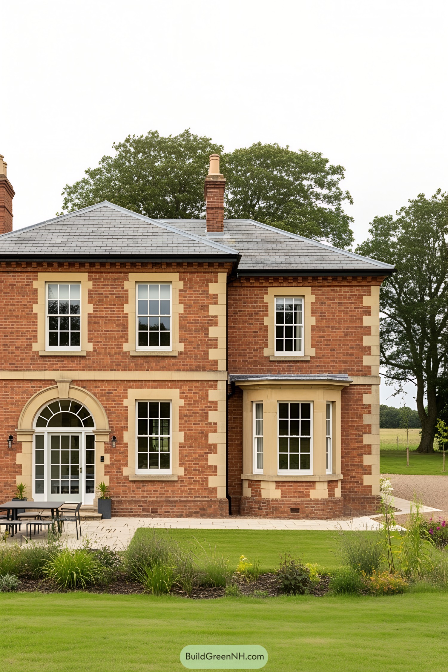 Victorian country house with brick exterior and lush garden