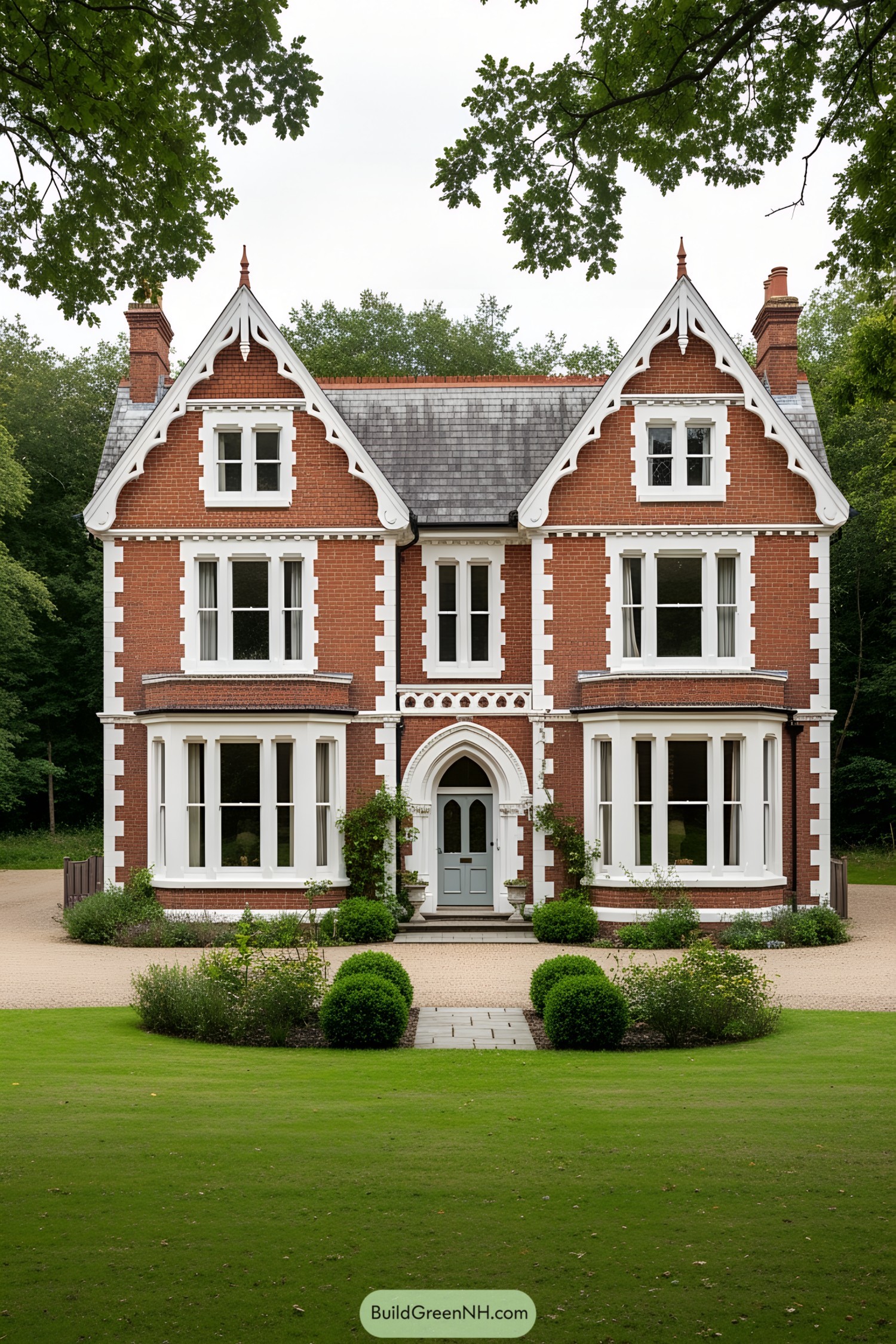 Victorian-style house with red brick and white trim
