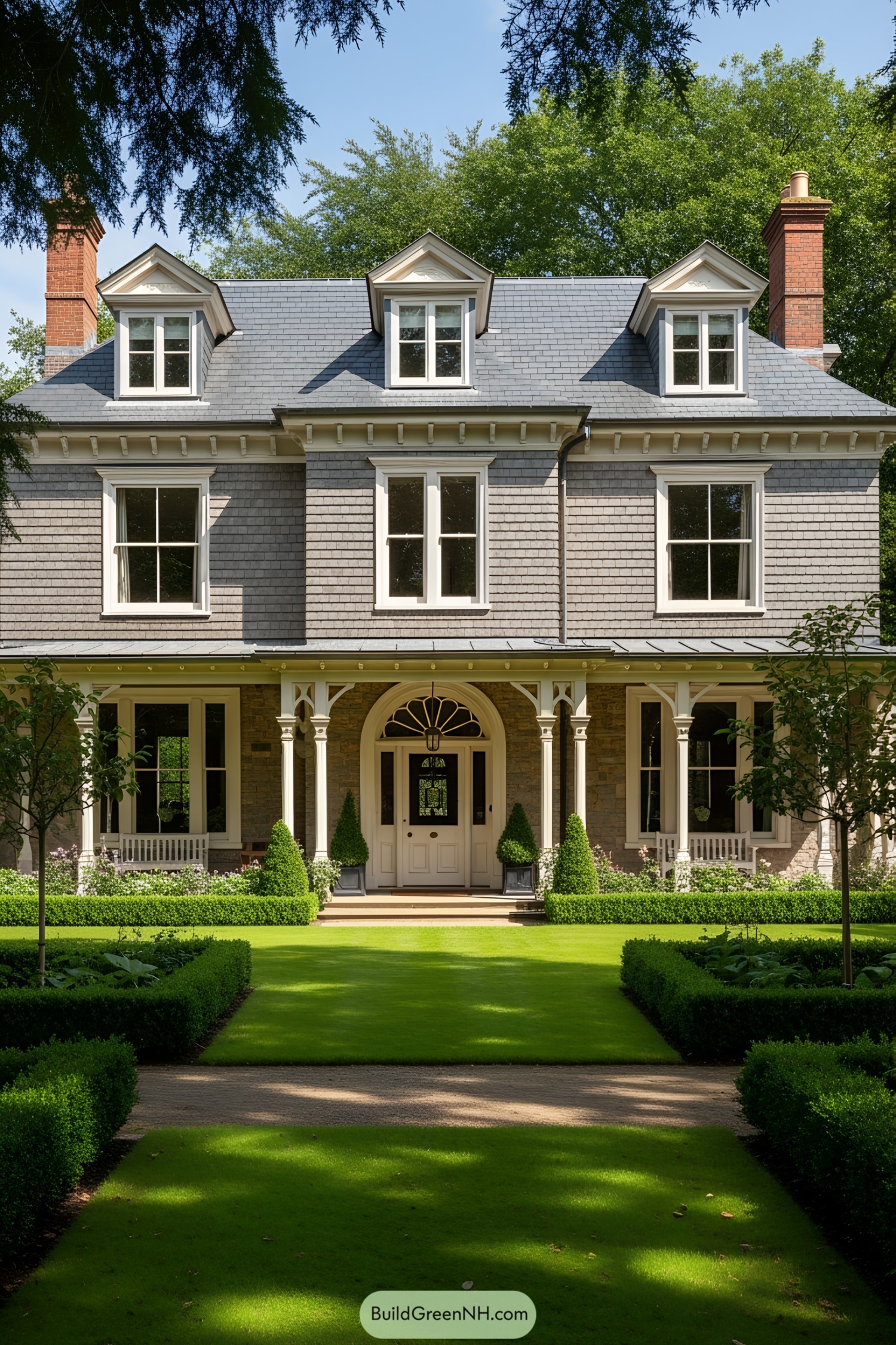 Exterior of a Victorian country house with detailed woodwork and manicured lawn