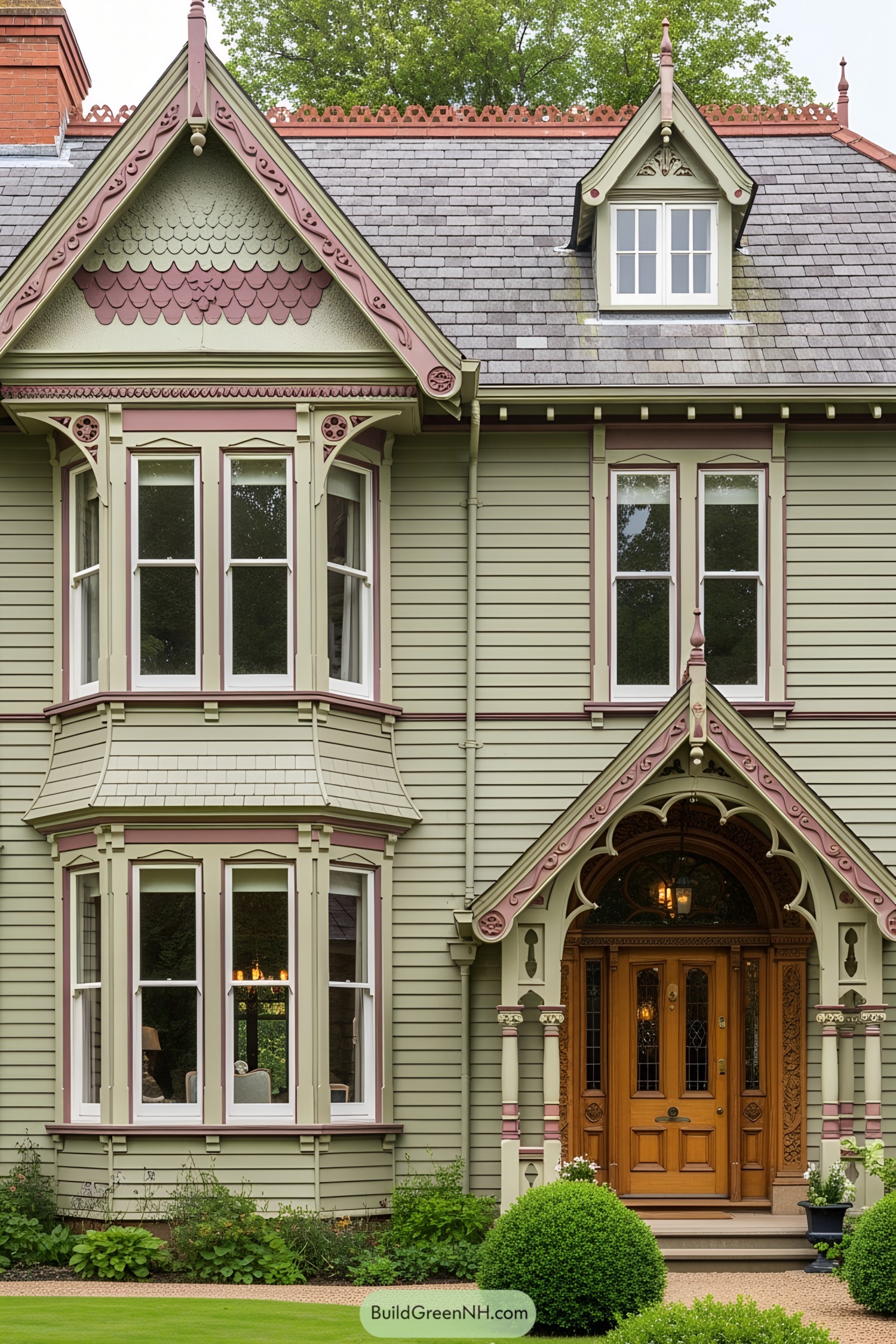 Green Victorian house with ornate trim and bay windows