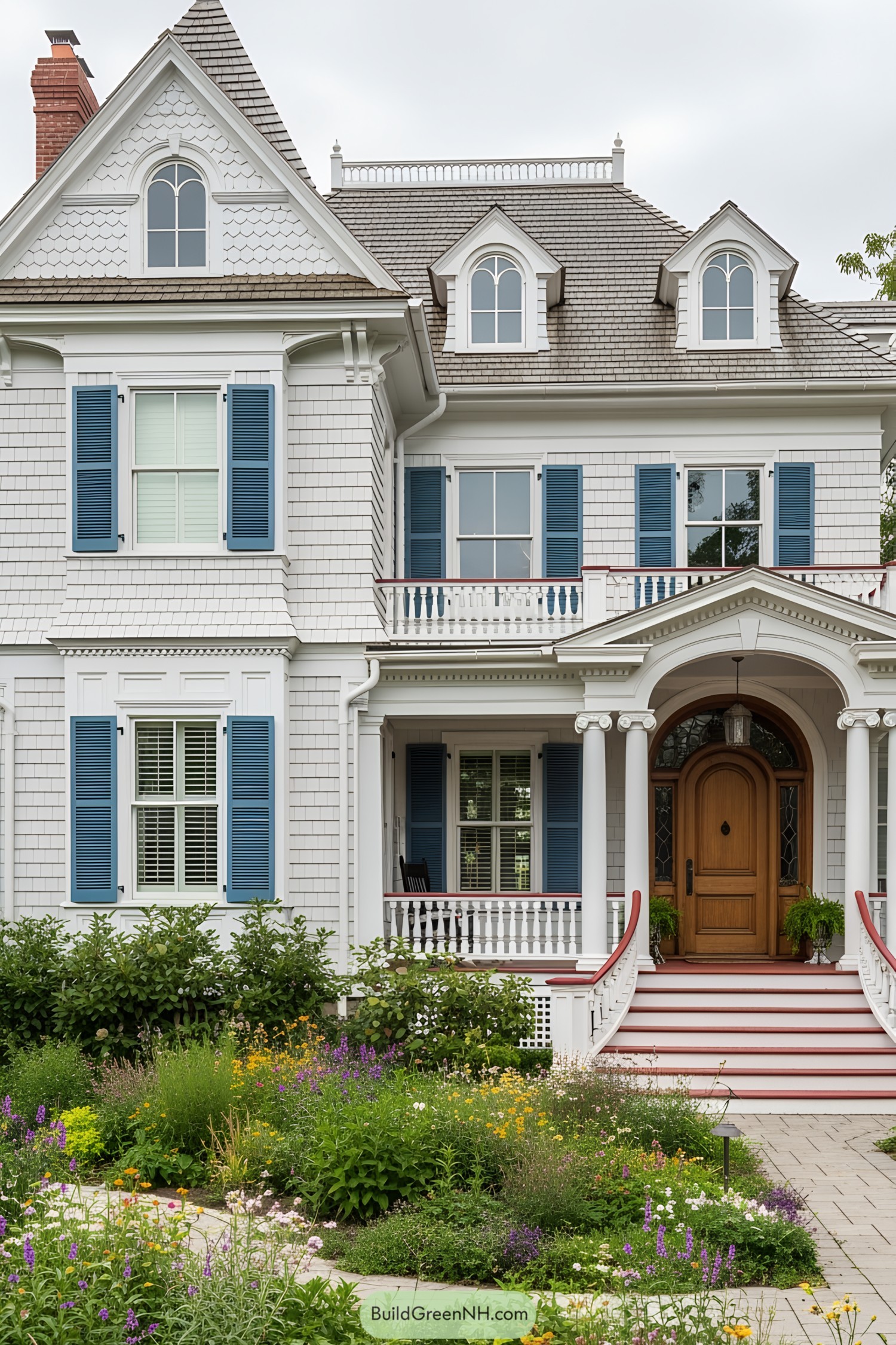 Ornate Victorian house with blue shutters and lush garden