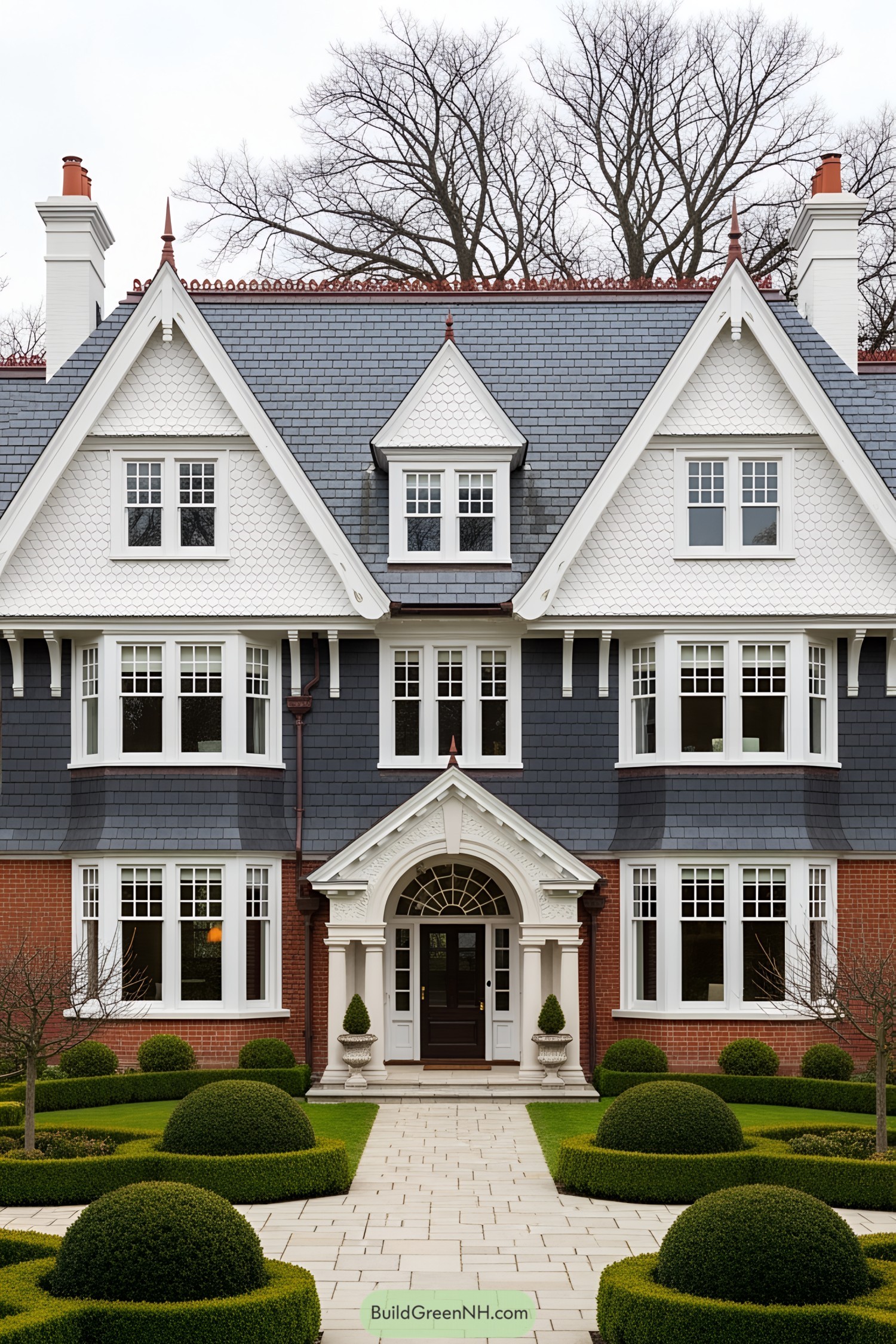 Victorian country house with gables and lush garden