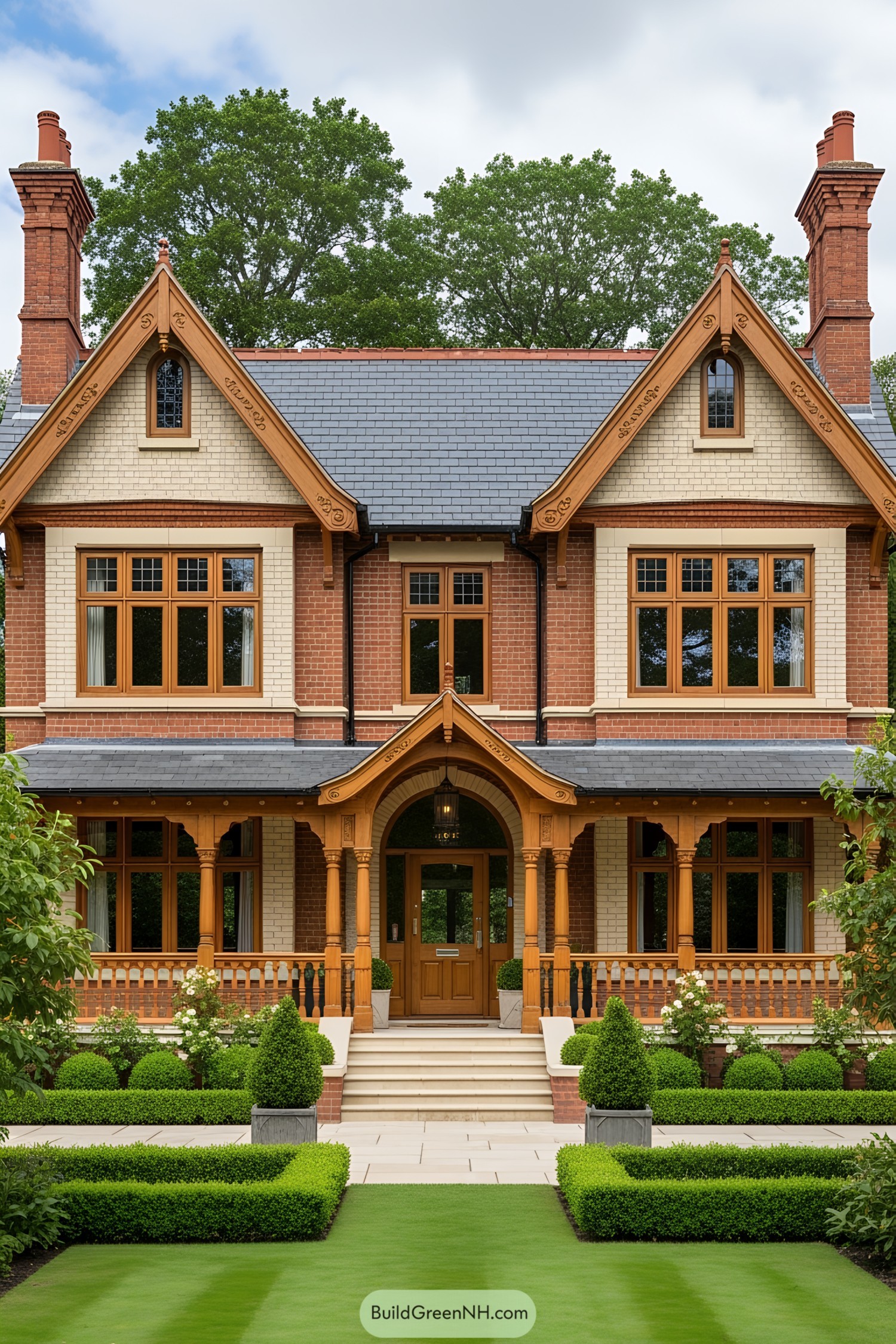 Victorian country house with prominent gables, chimneys, and lush garden