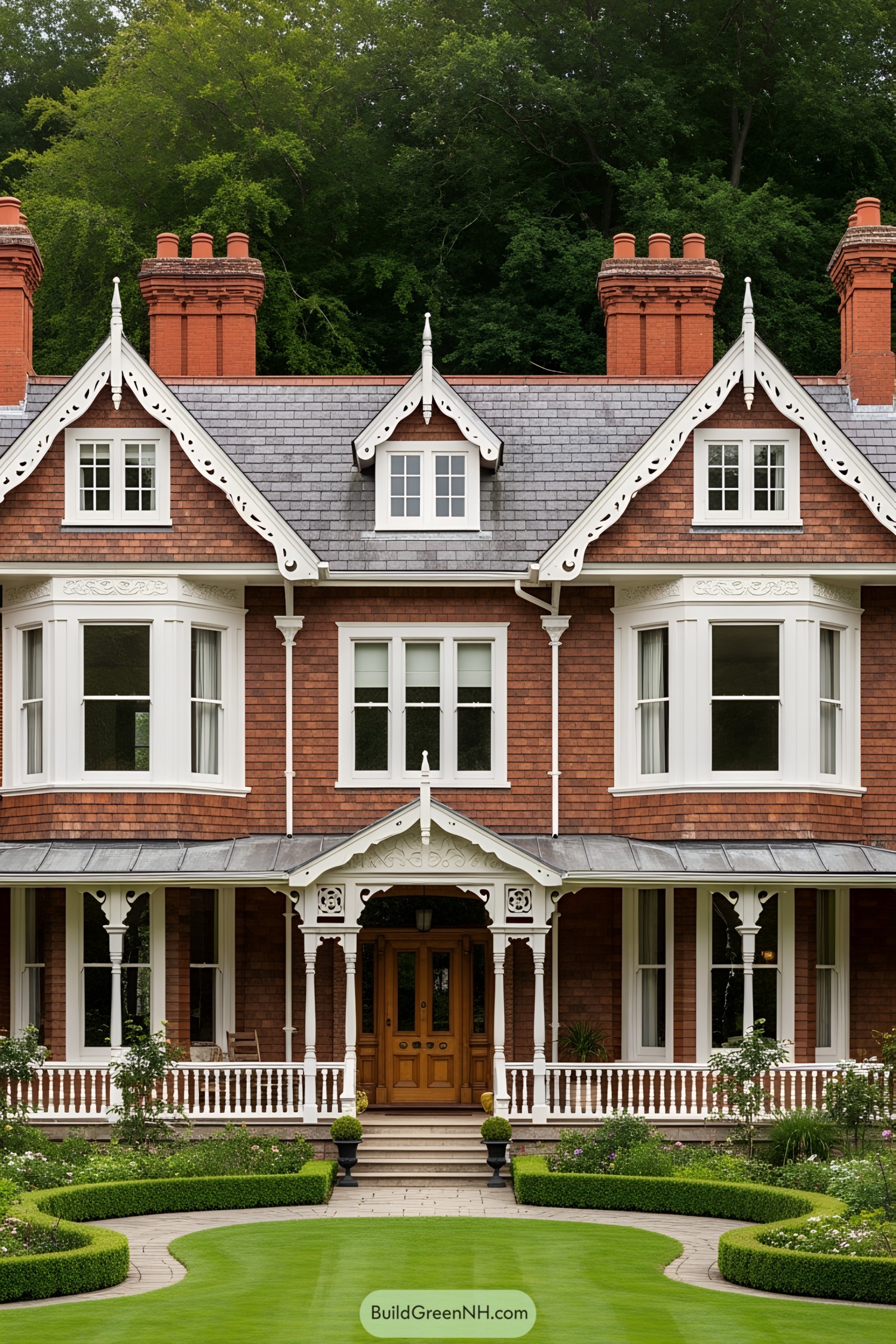 Elegant Victorian house with a slate roof and ornate trim