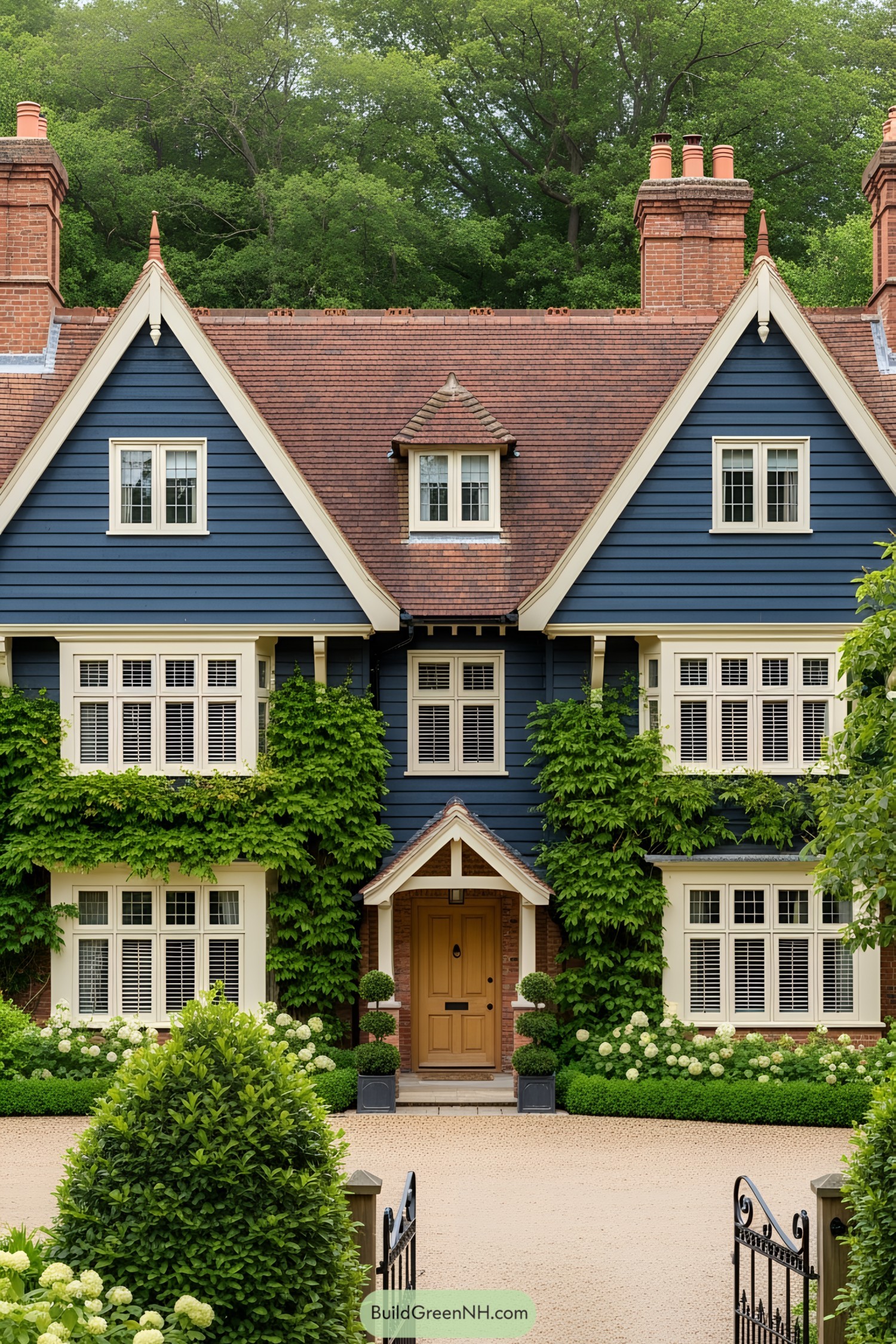 Victorian house with blue siding and lush greenery outside