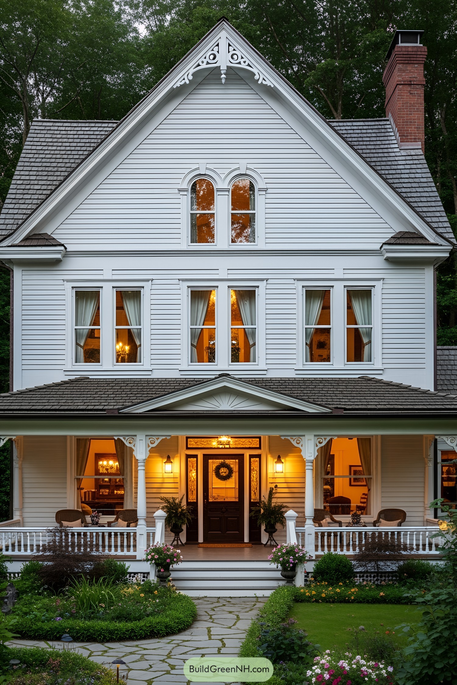 White Victorian house with ornate gables and welcoming porch