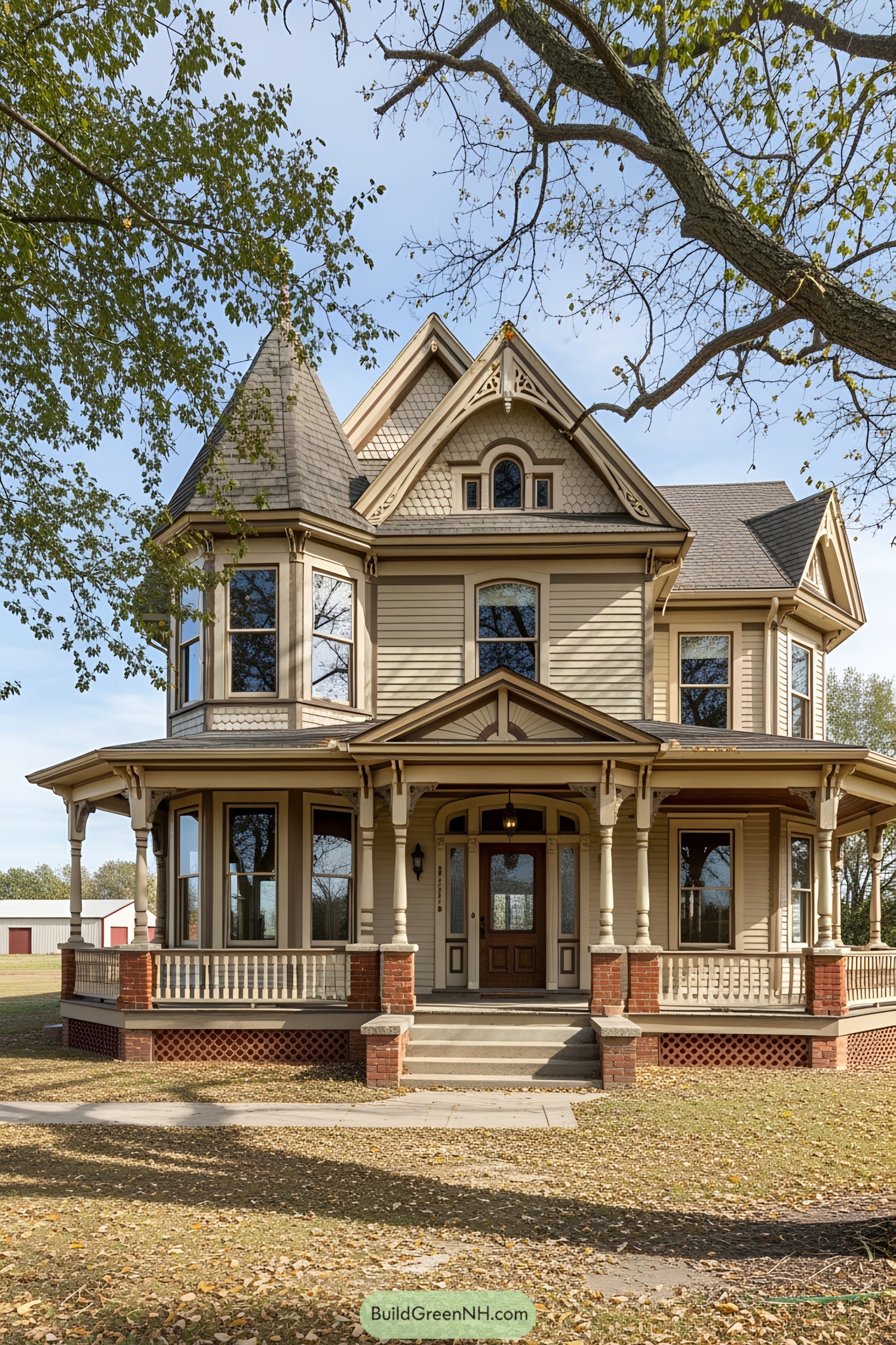 Victorian farmhouse with a wraparound porch and turret