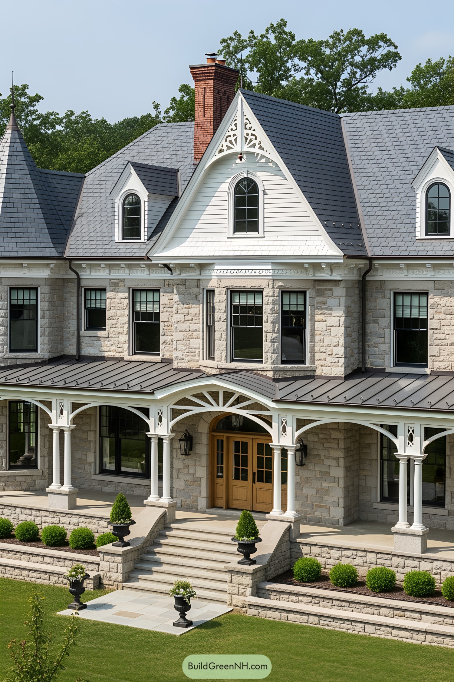 A Victorian farmhouse with ornate details and charming gables