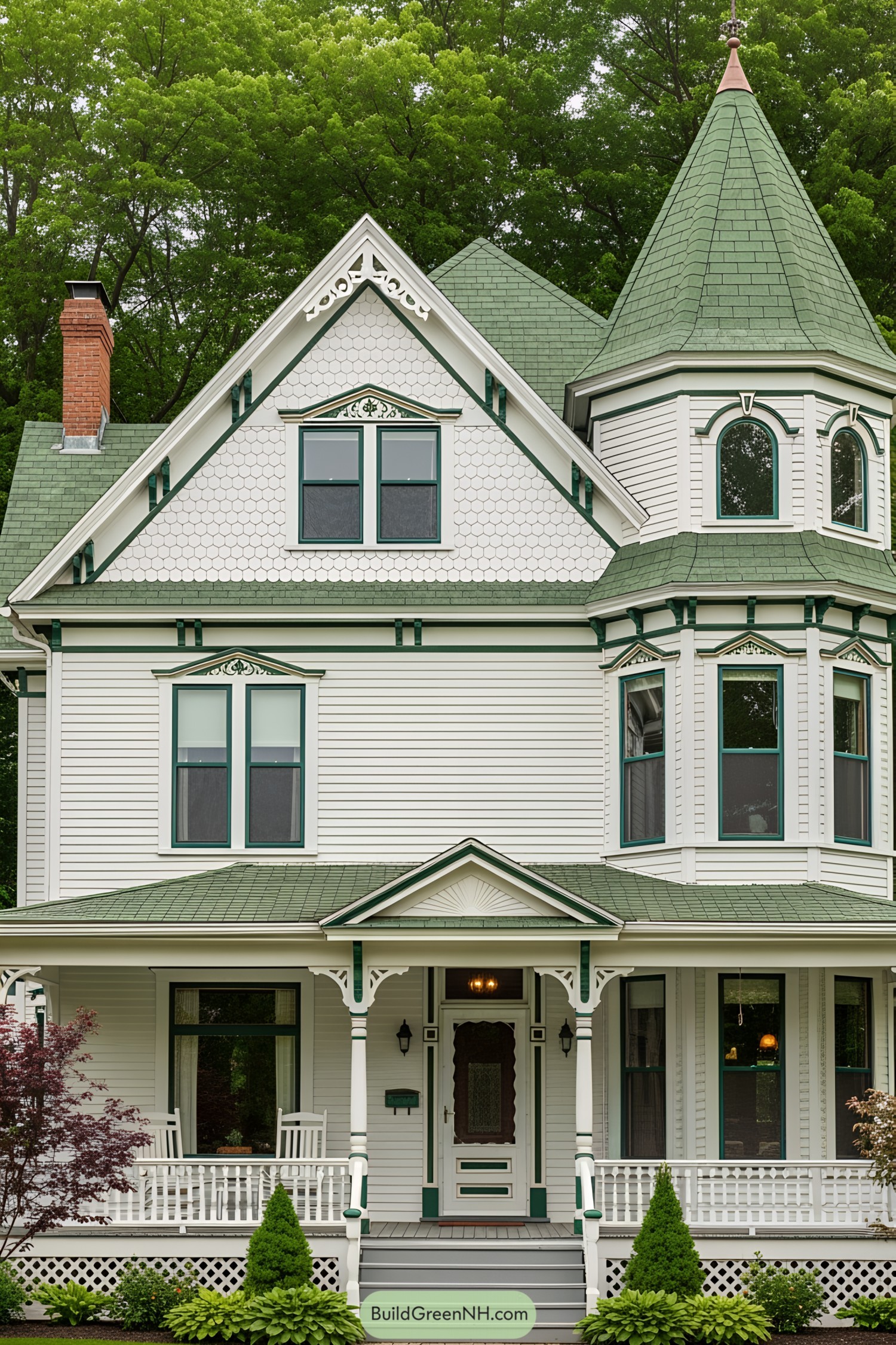 Charming Victorian farmhouse with green accents and grand turret