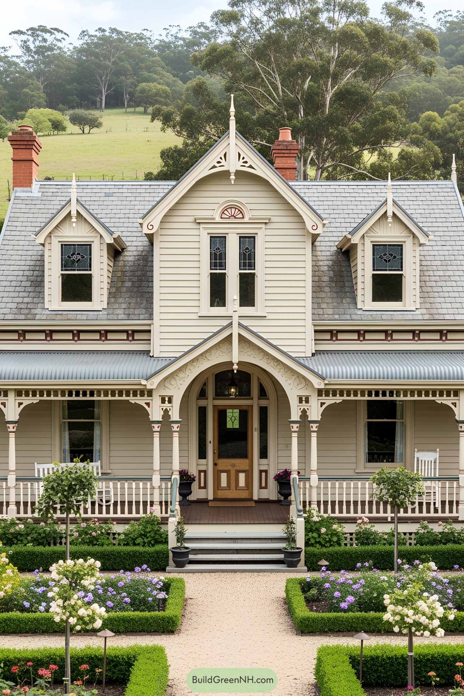 Charming Victorian farmhouse with intricate gables and lush garden