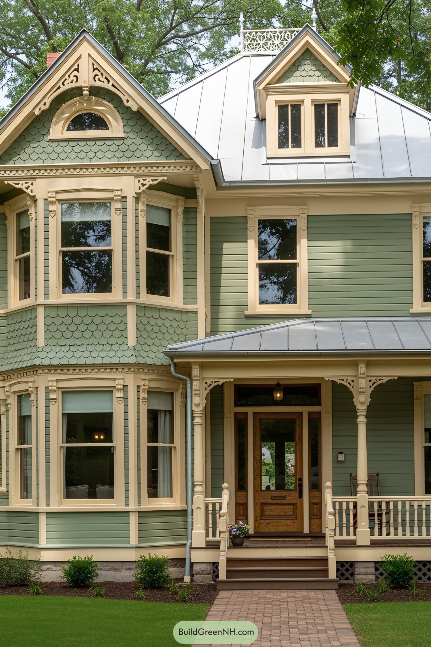 Green and cream Victorian farmhouse with intricate woodwork