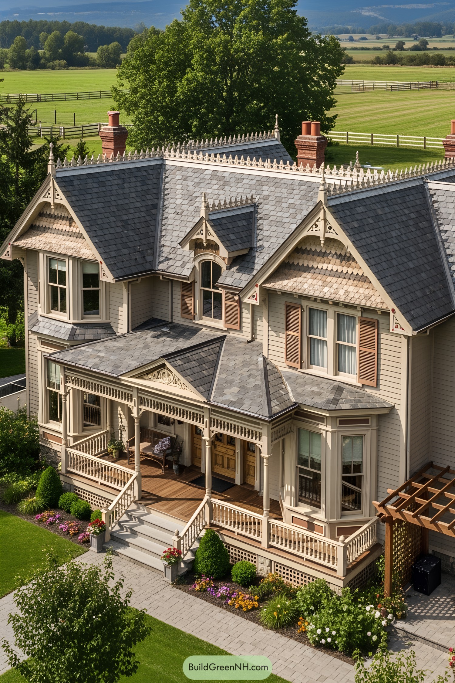 Charming Victorian farmhouse with a detailed porch and elegant roof