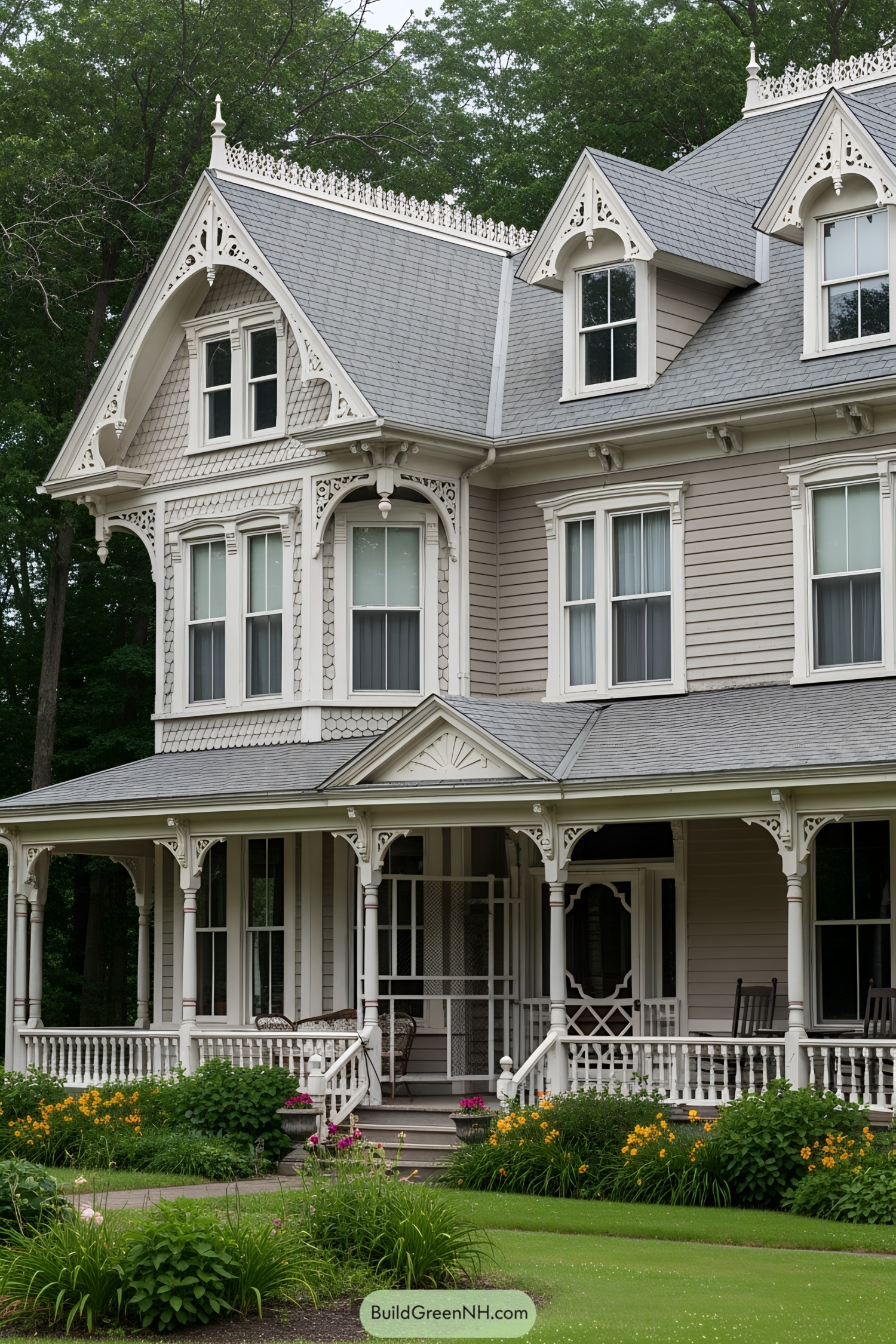 Ornate Victorian house with detailed trim and lush garden