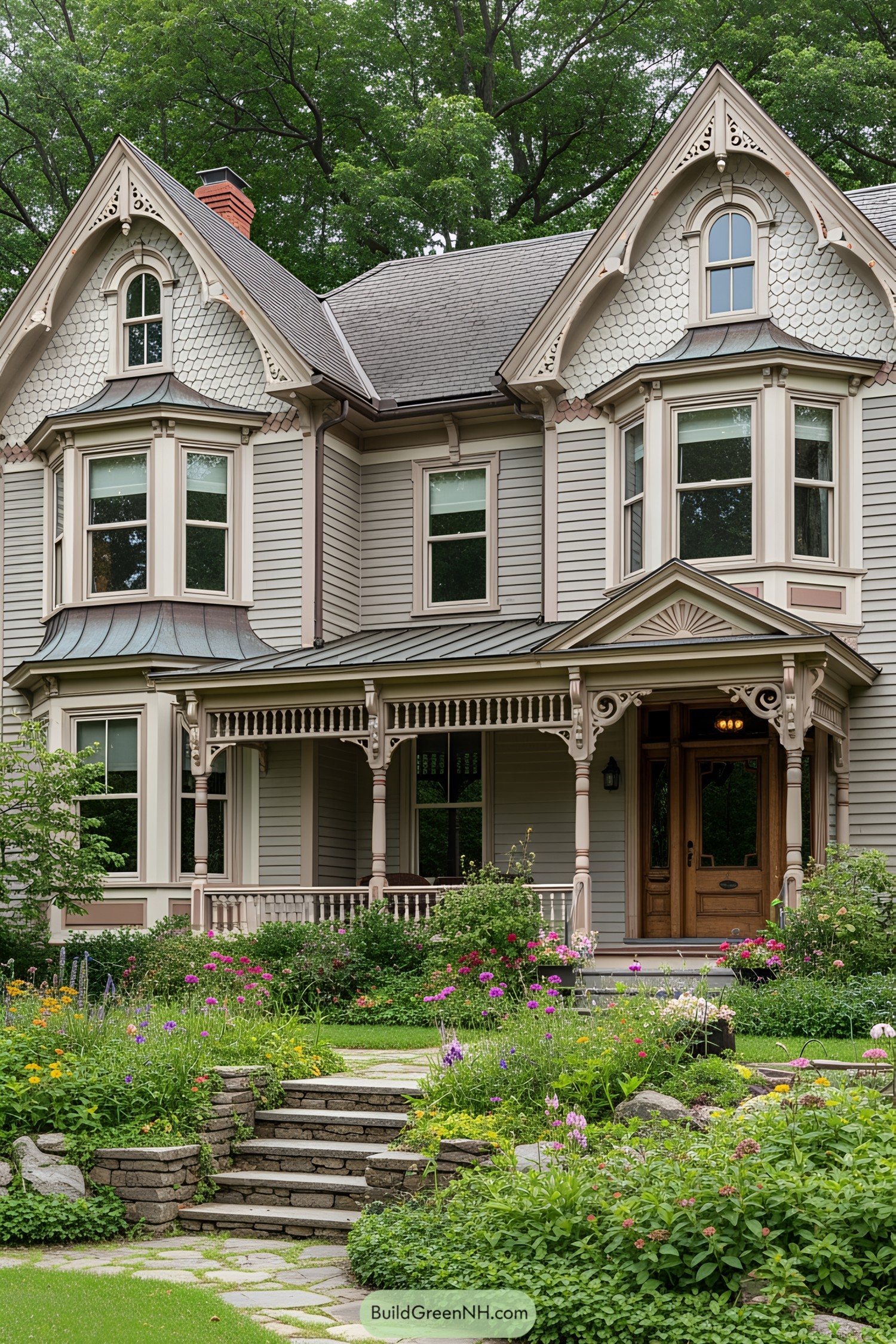 Victorian farmhouse with ornate details and lush garden