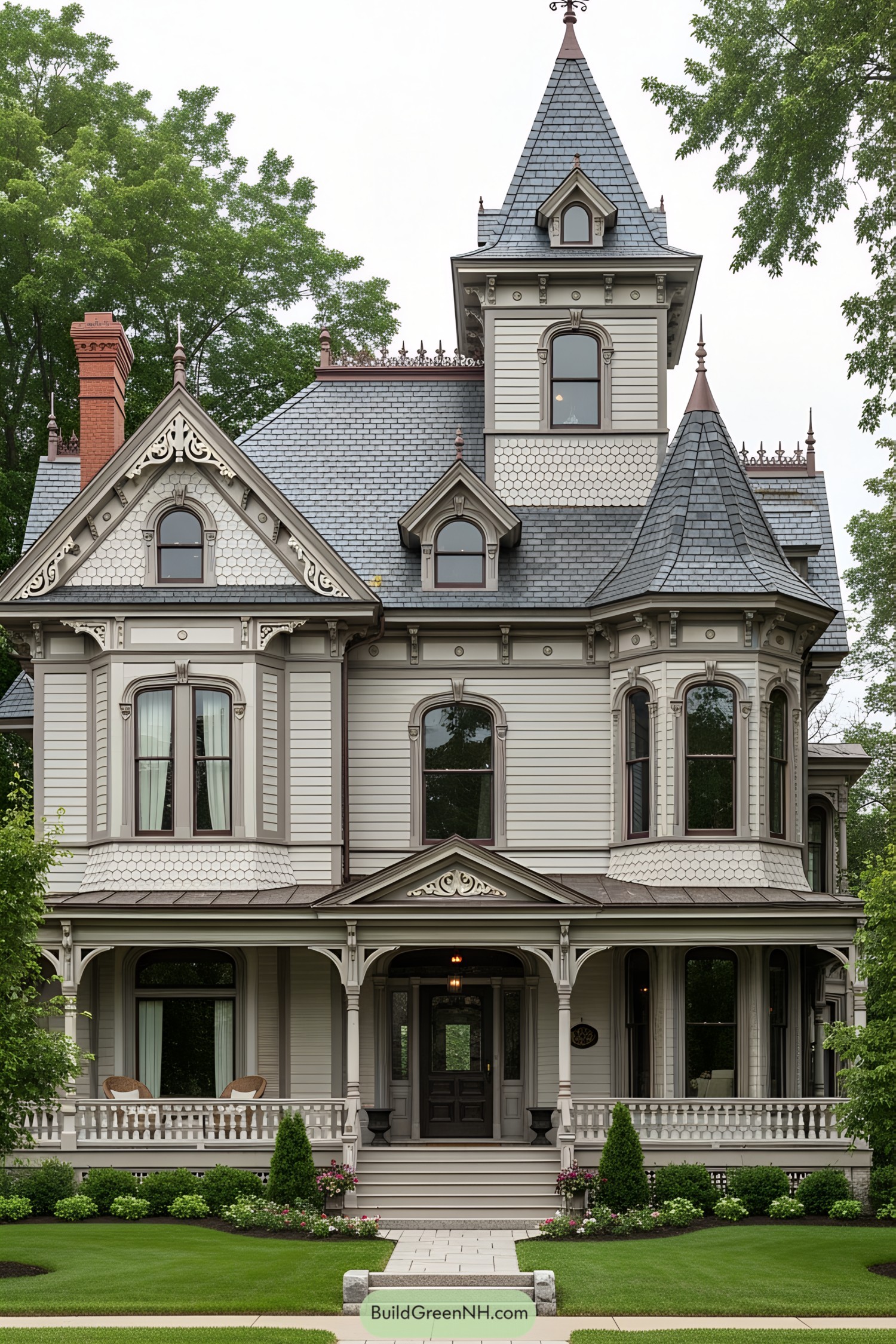 Graceful Victorian house with tower, ornate details, and lush surroundings