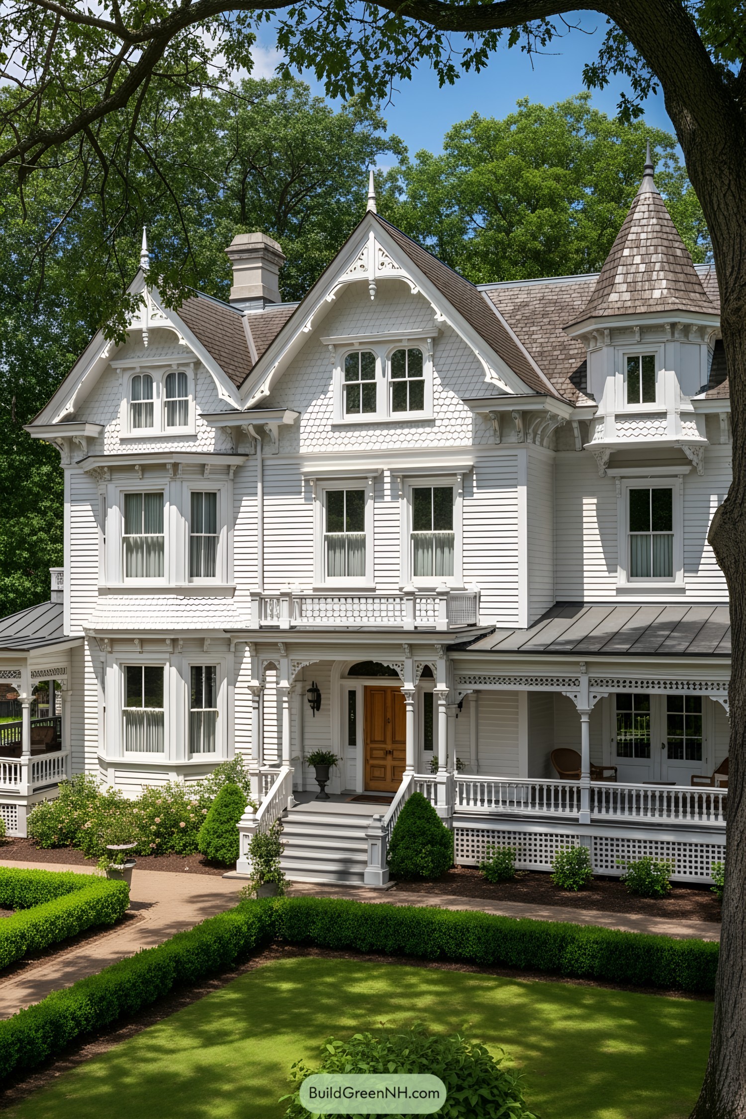 Elegant Victorian farmhouse with ornate trim and turret