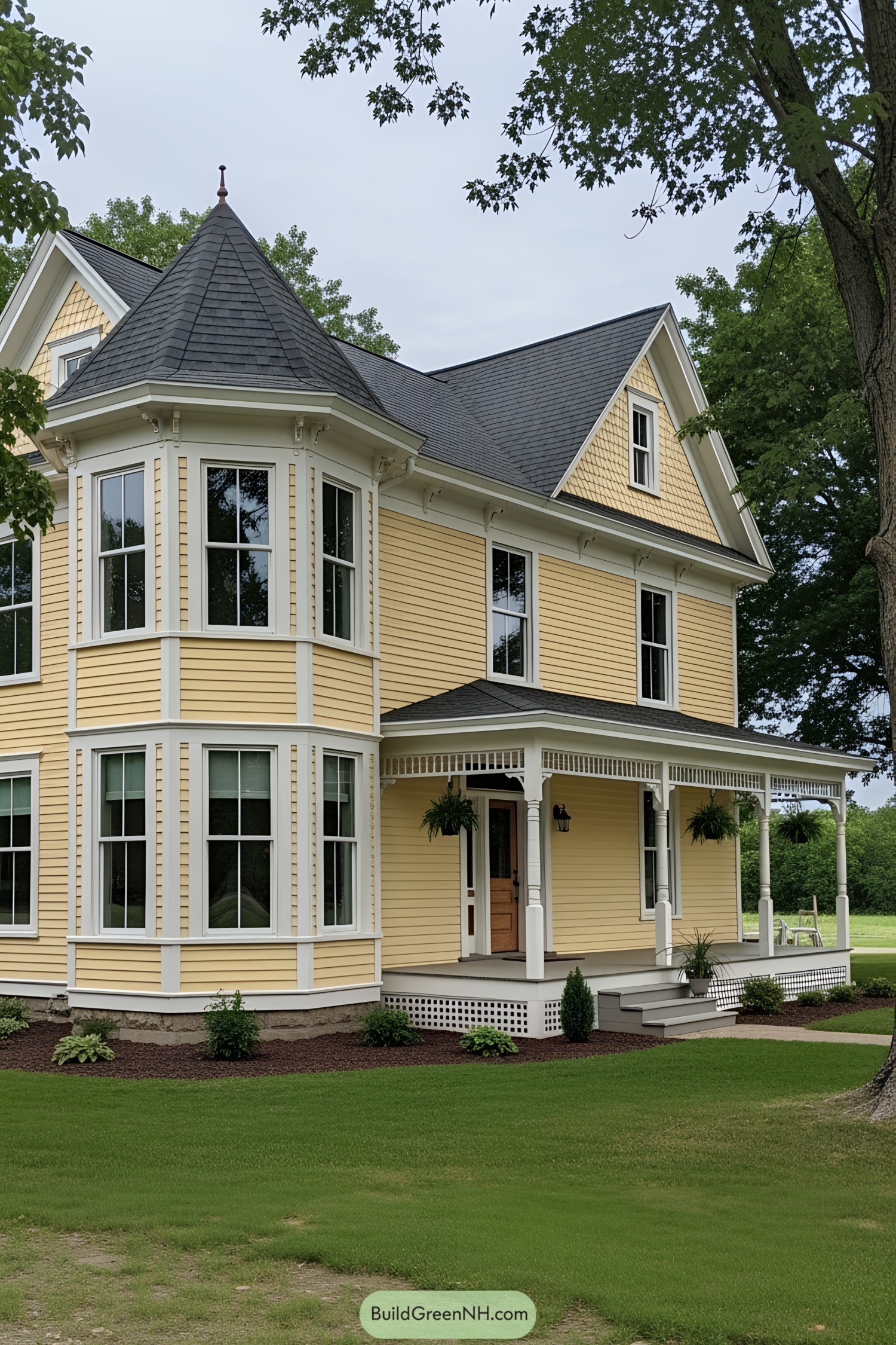 Charming yellow Victorian farmhouse with grand porch