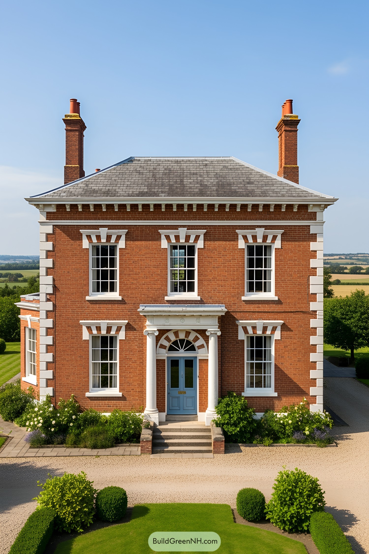 Red brick Victorian farmhouse with distinctive white trim and chimneys