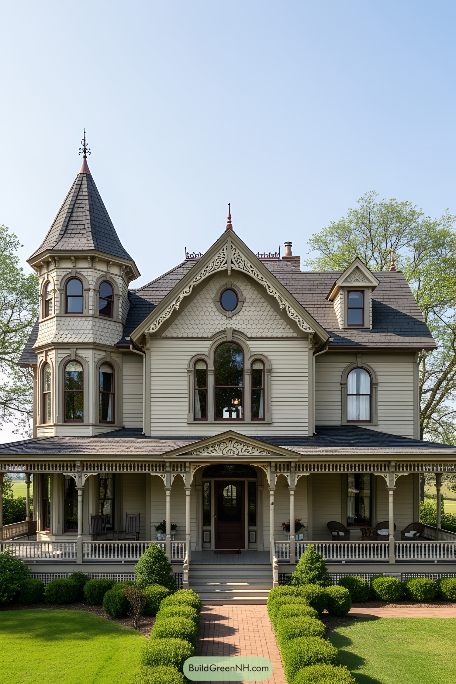 Classic Victorian farmhouse with a turret and wrap-around porch
