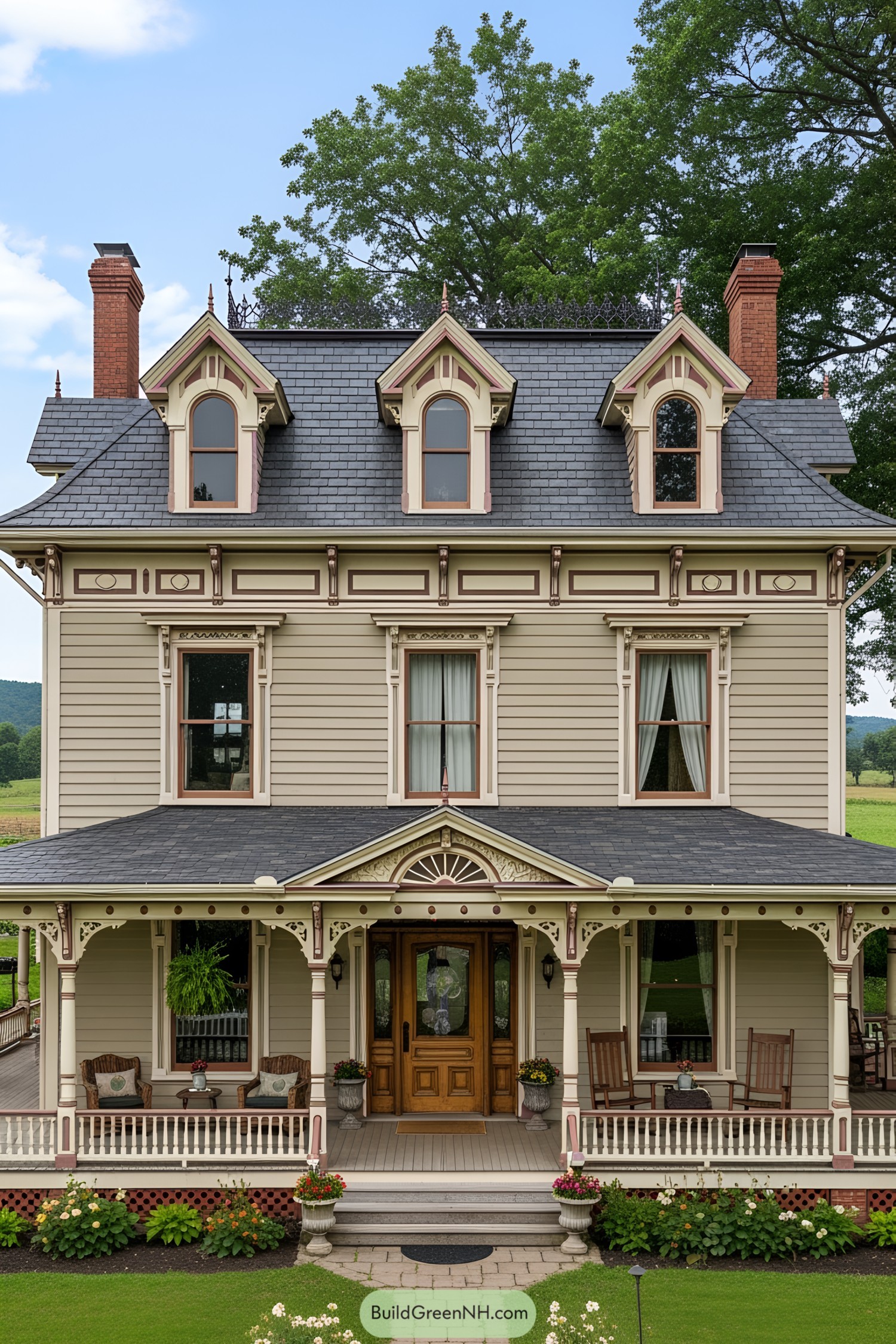 Victorian farmhouse with ornate porch and gables