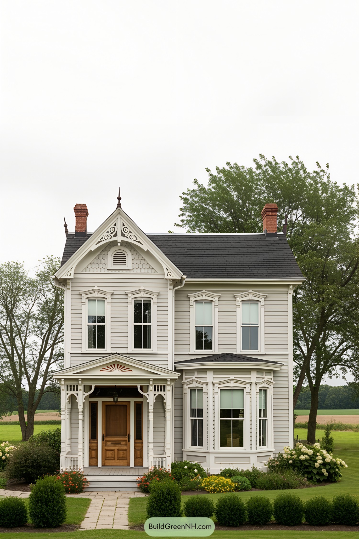Victorian farmhouse with detailed trim and lush garden