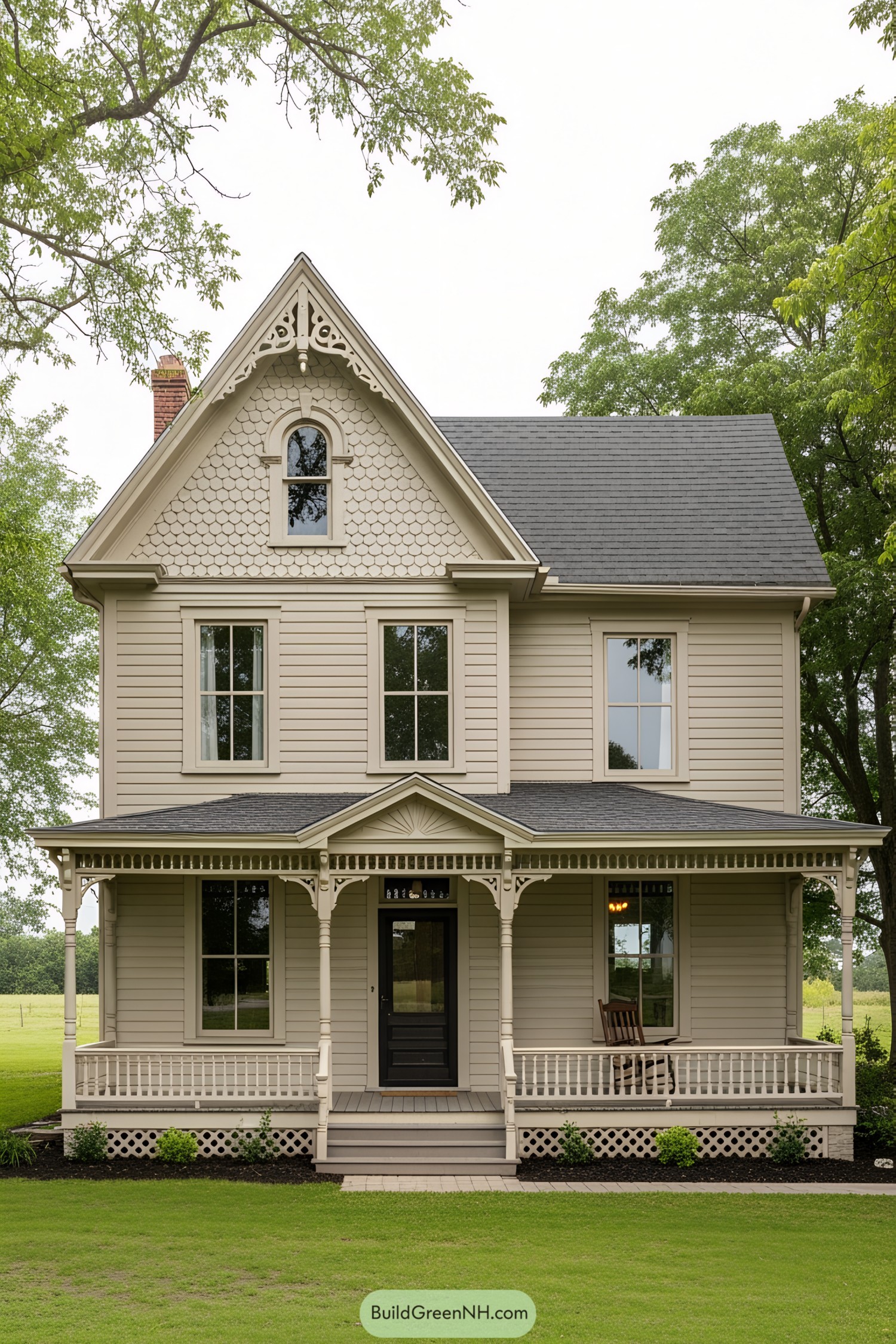 Charming Victorian farmhouse with ornate porch and simple elegance