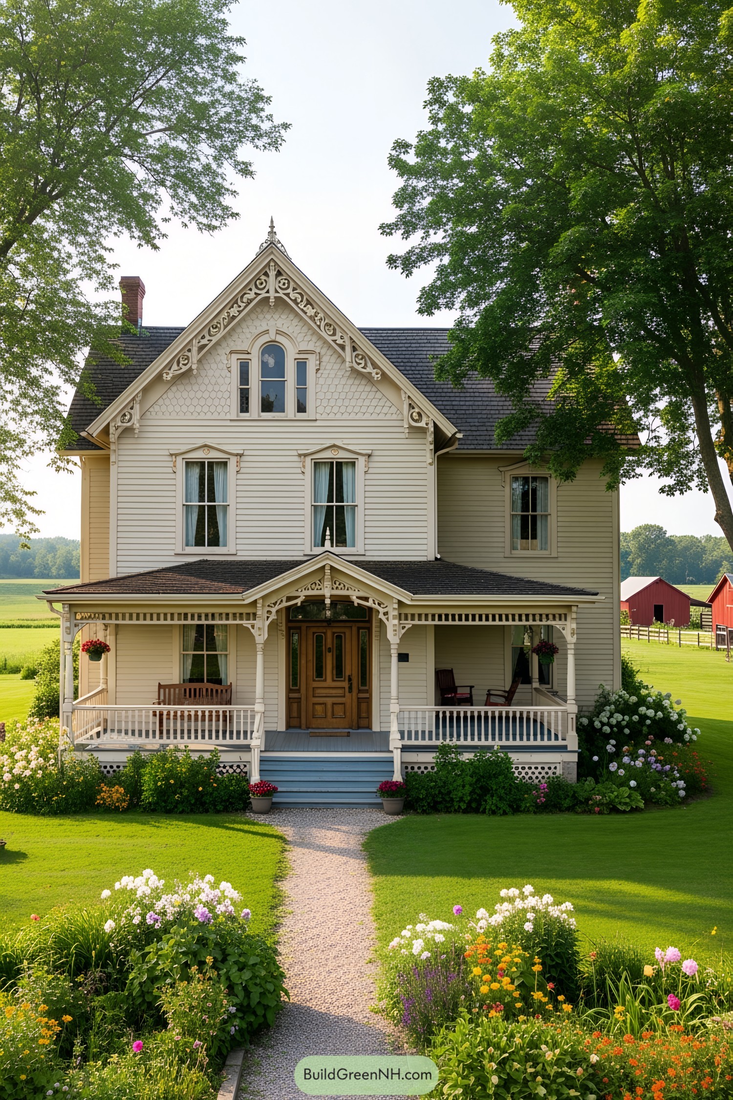 Victorian farmhouse with decorative trims and lush garden