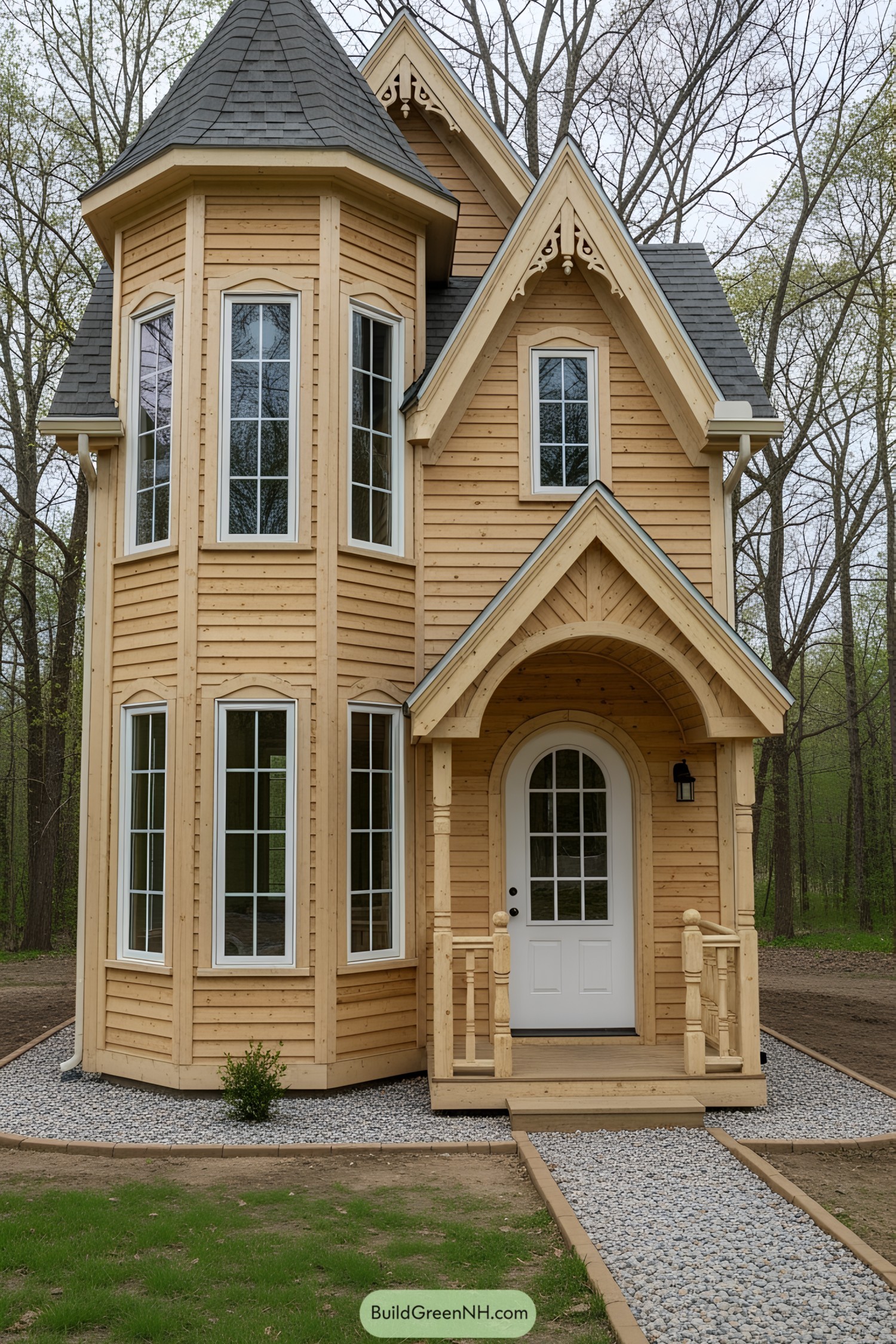 Victorian-style tiny house with wooden exterior