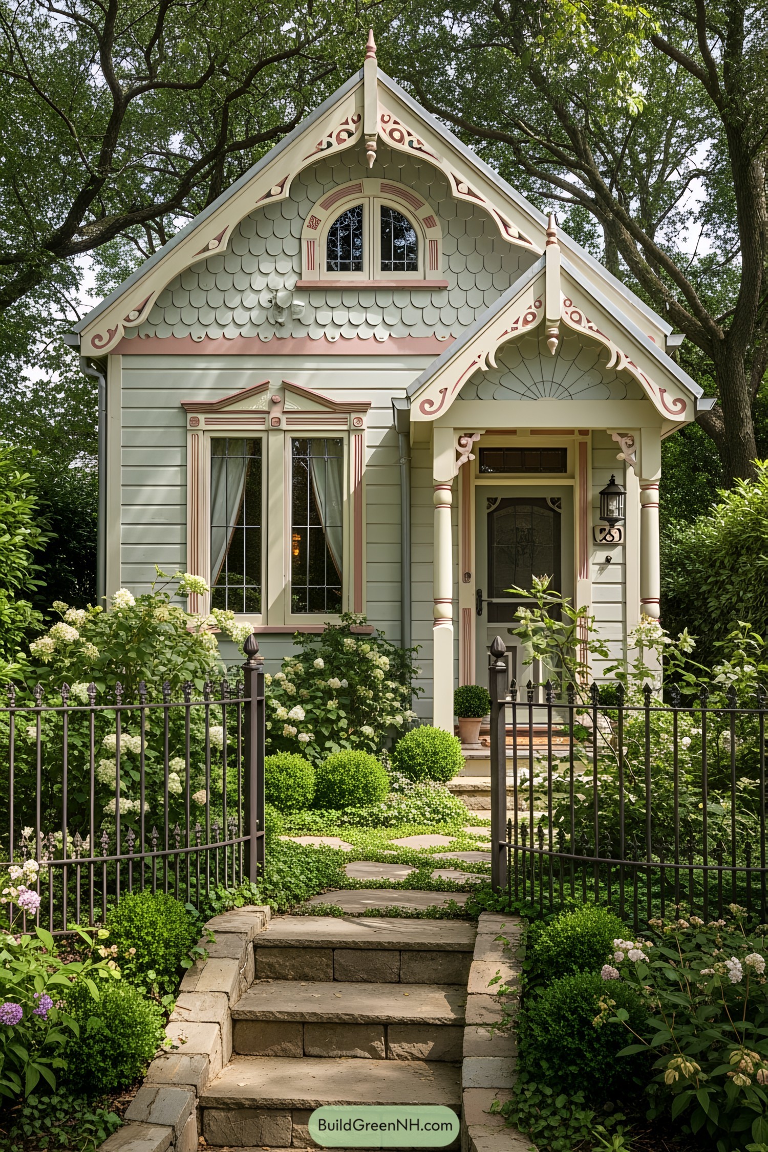 Charming tiny Victorian house with ornate details and a lush garden