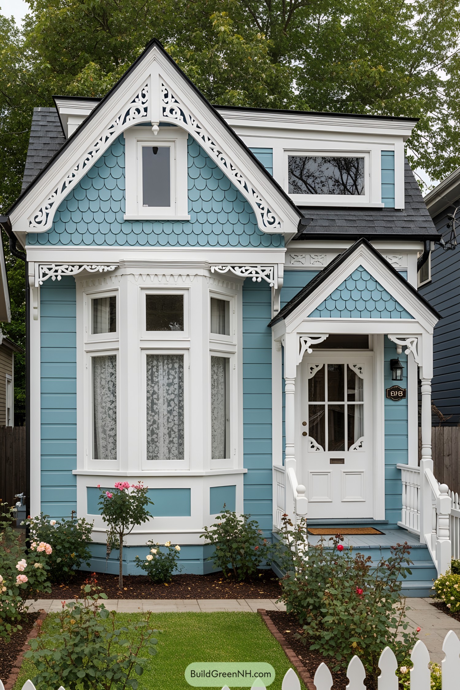Compact Victorian house with ornate details and blue exterior